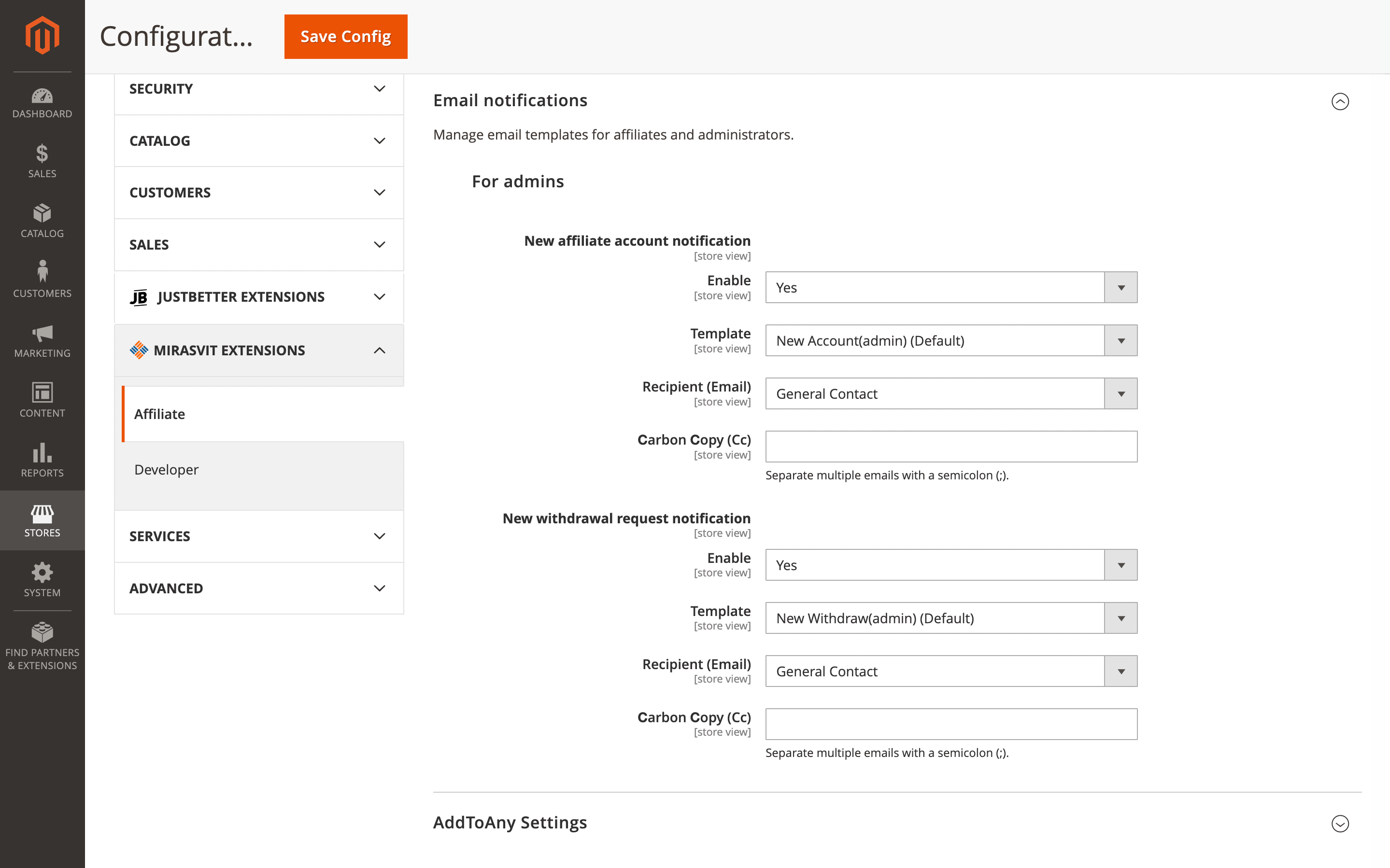 Custom recipients for New Affiliate and New Withdrawal notifications