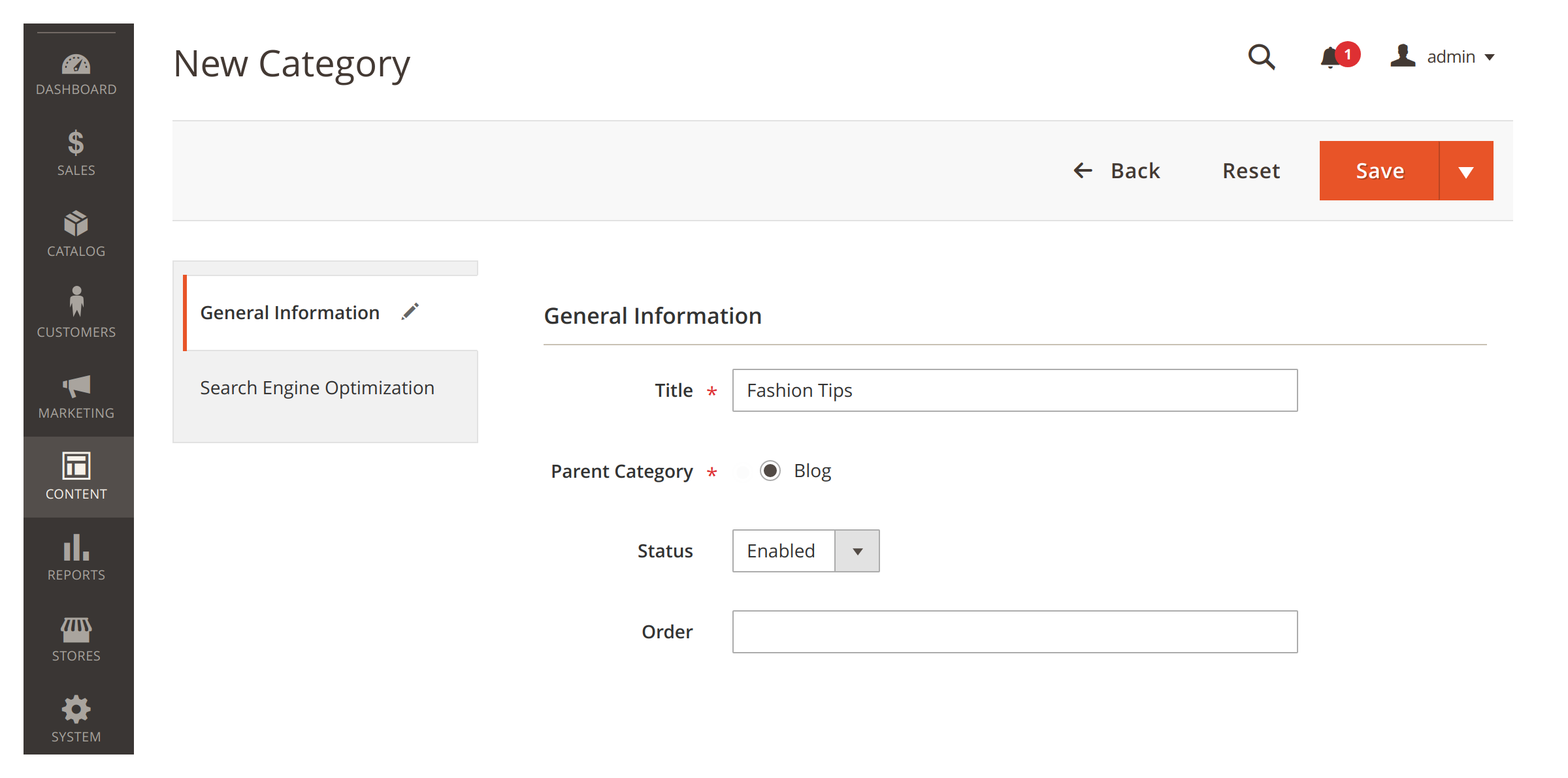 Creating a category in Mirasvit Magento 2 Blog MX module.