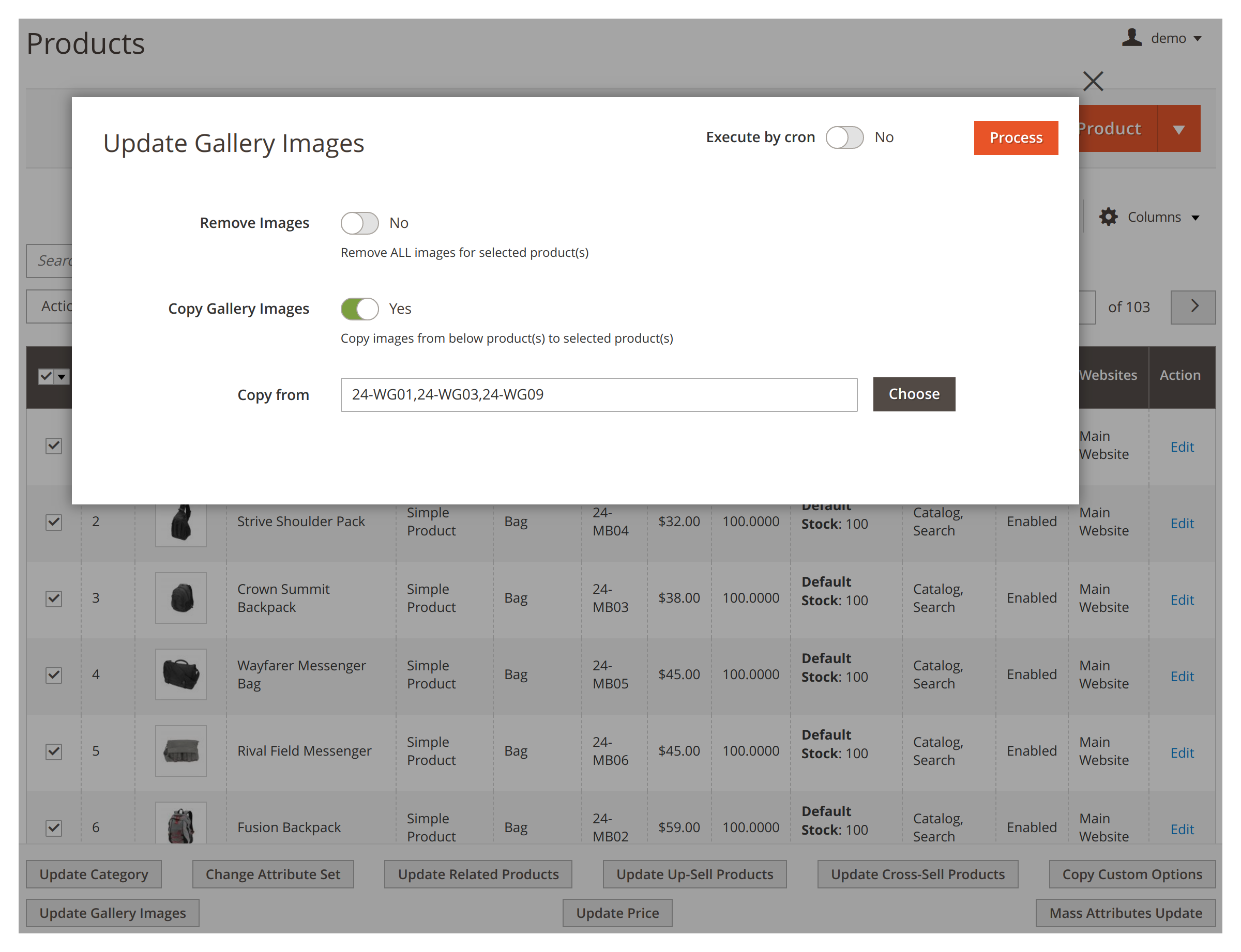 Copying gallery images in bulk in Mirasvit Mass Product Actions Magento 2 extension.
