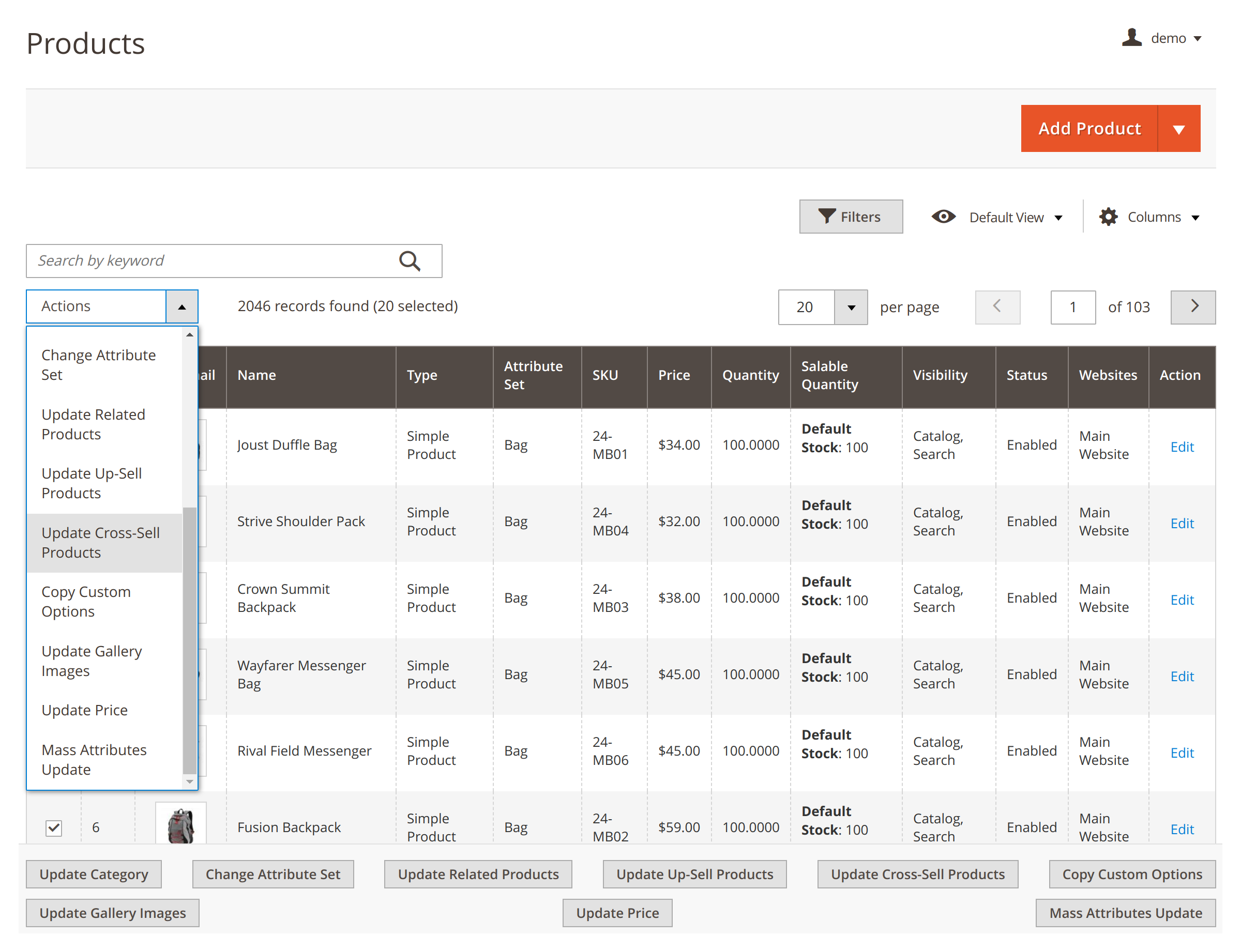 Mirasvit Mass Product Actions Magento 2 extension's user interface.