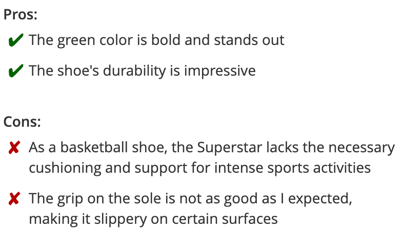 Review with separate pros and cons