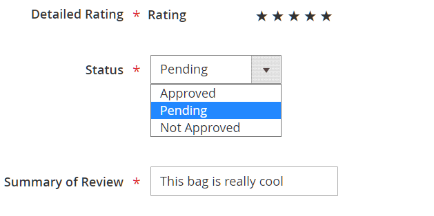 Pending reviews in the admin panel
