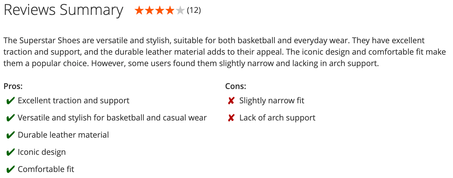 AI summary with pros and cons above the product reviews