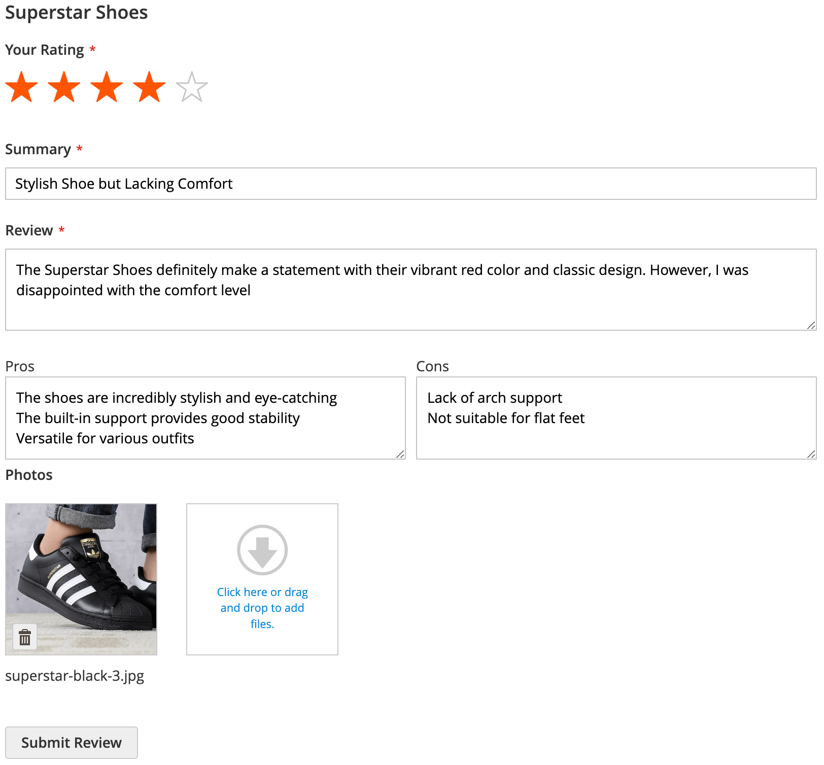 Review form with rating, summary, pros, cons and photos