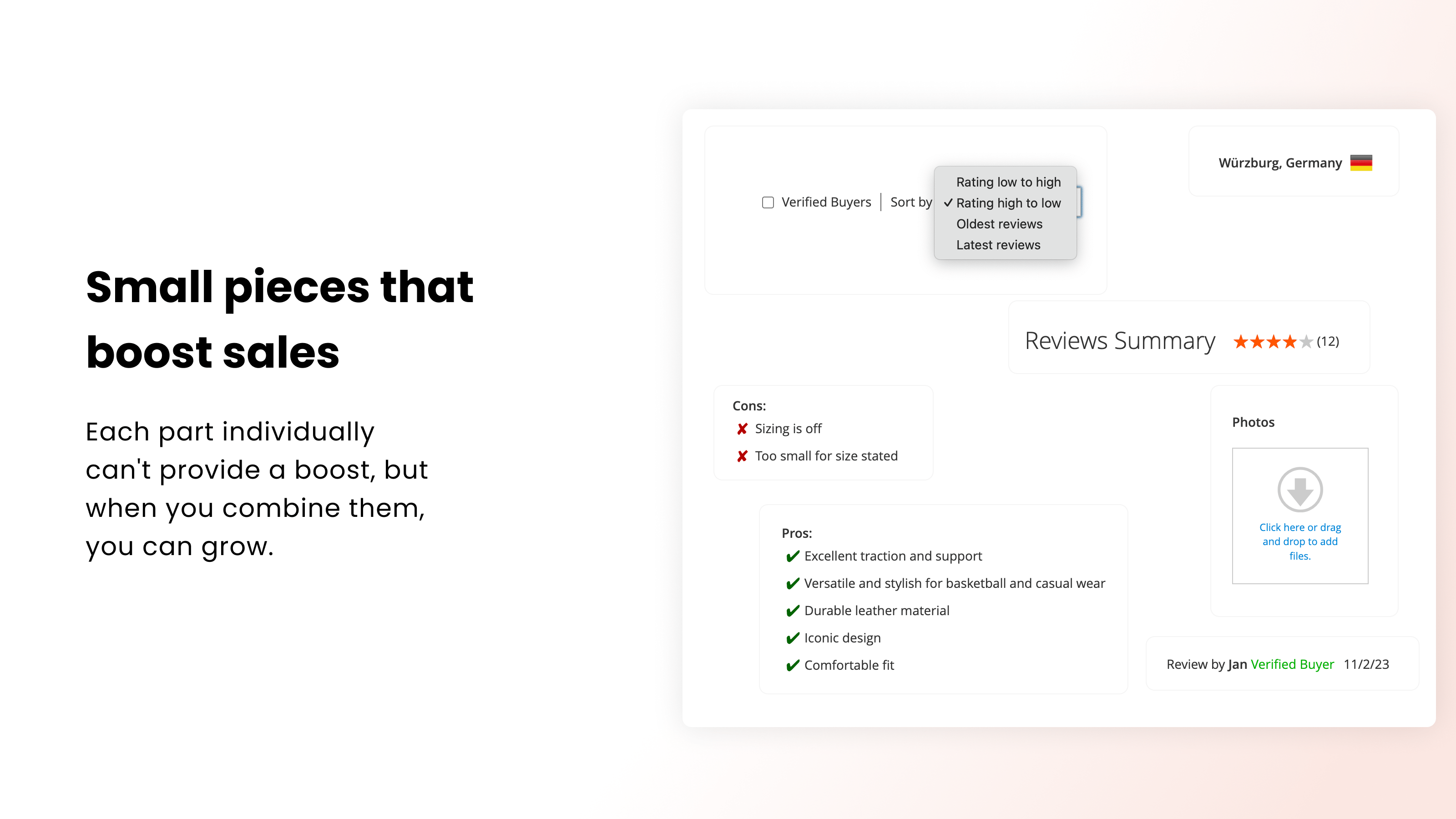 Sorting, Verified Buyers filter, reviewer location and photo upload
