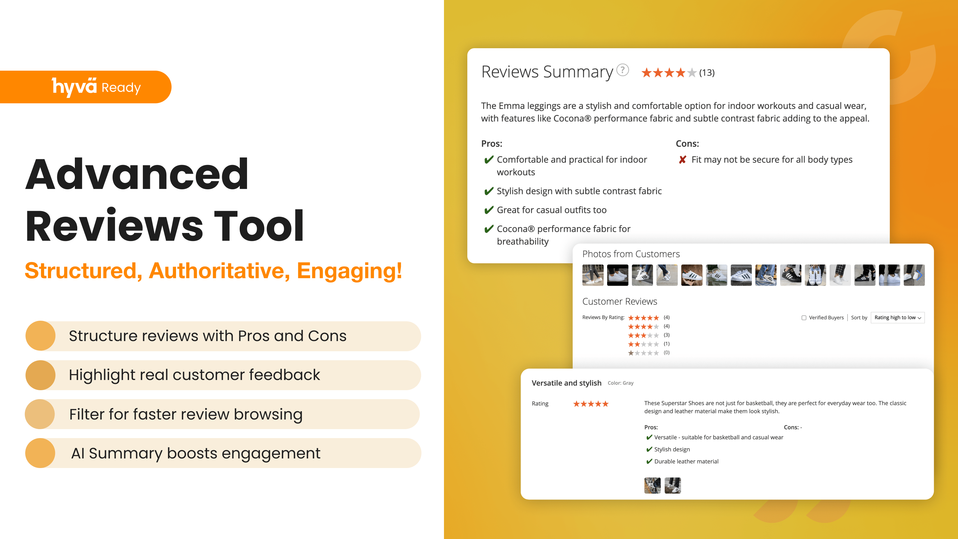 AI review summary with pros and cons, customer photos and review filters