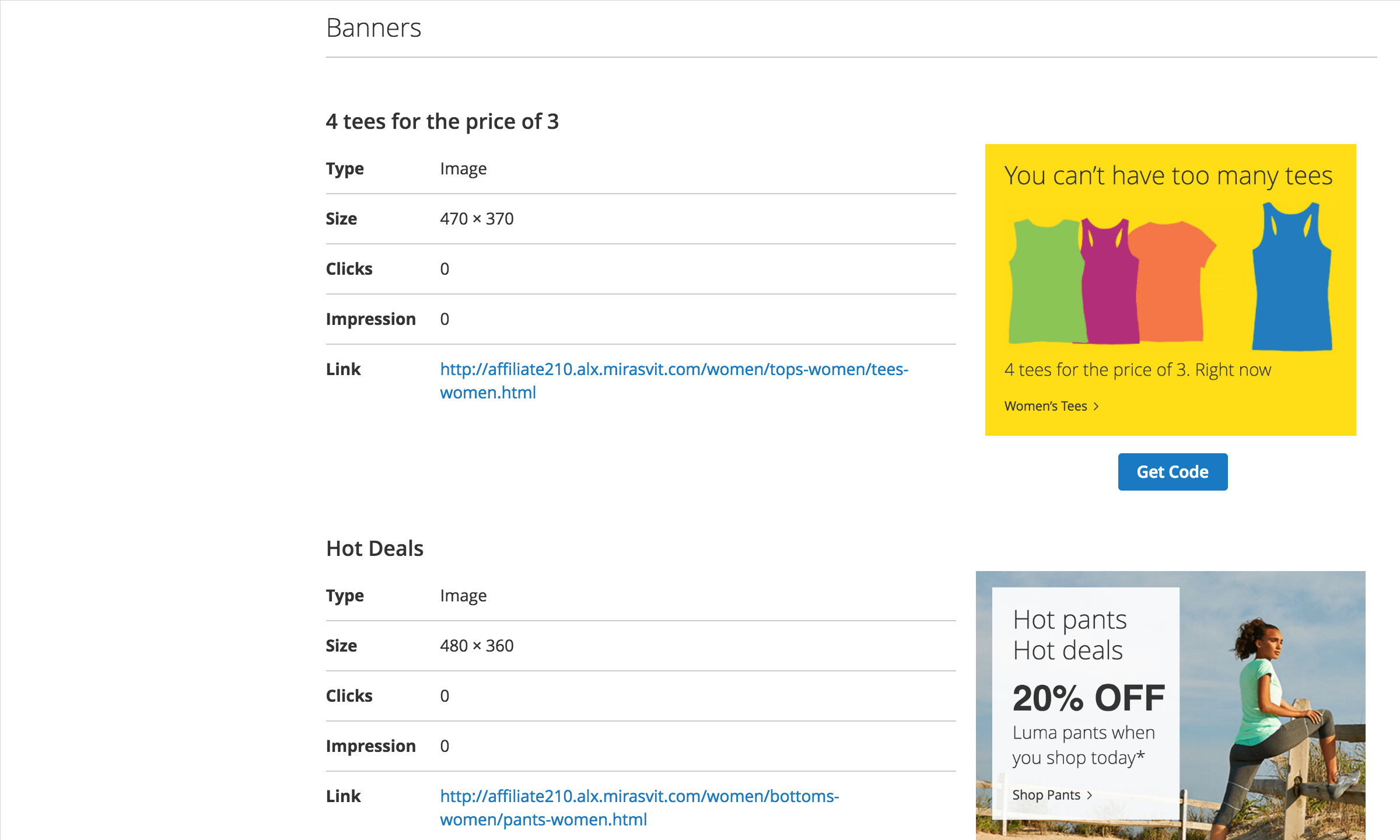 Banners for affiliates with clicks, impressions and the code to place them