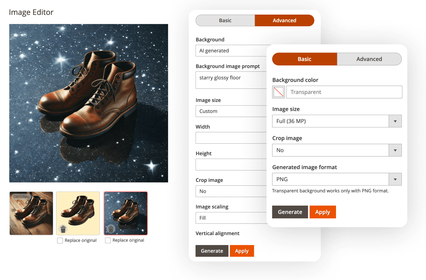 Base and Advanced Modes of the AI Image Editor