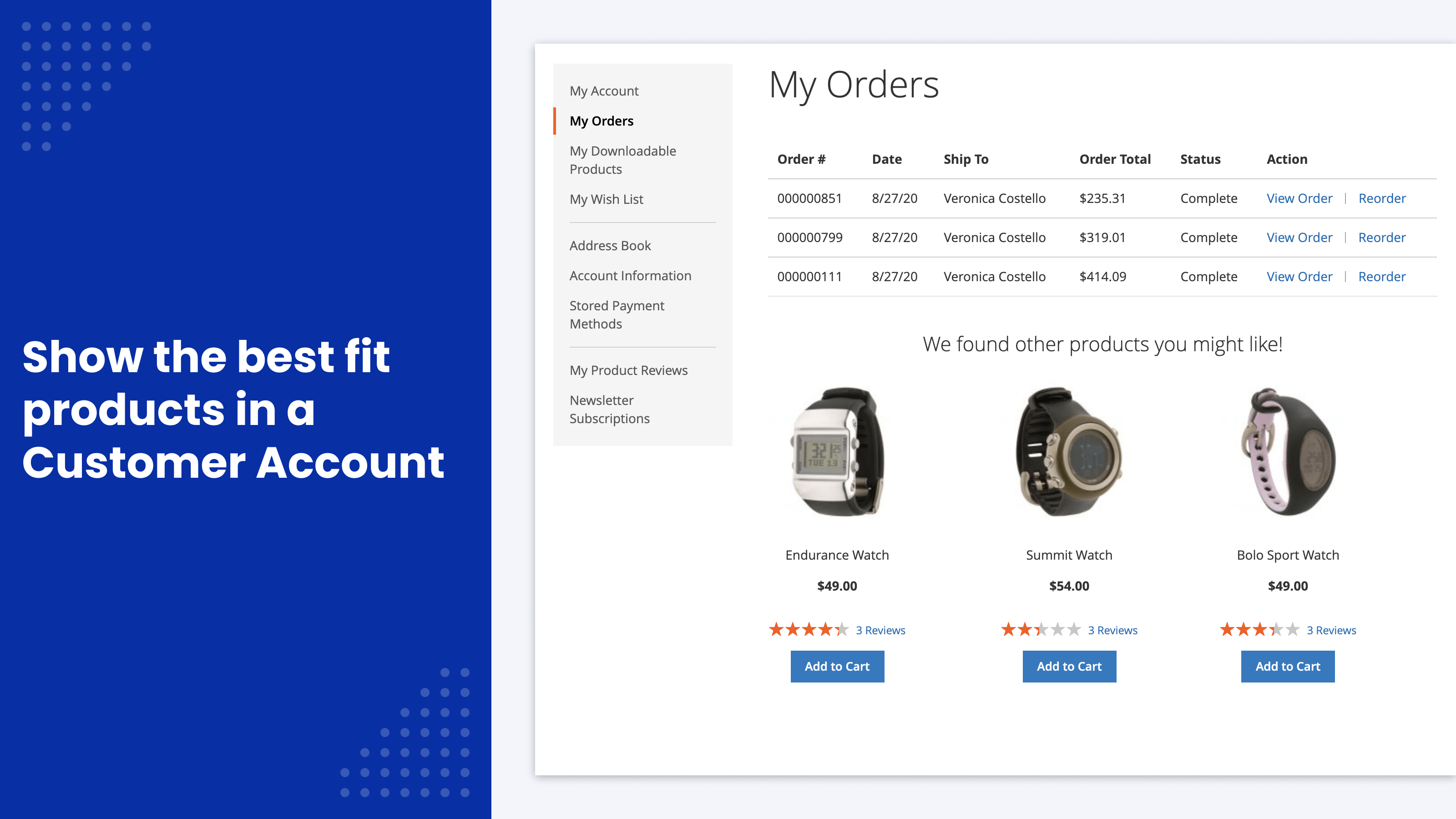 Recommendations in the customer account