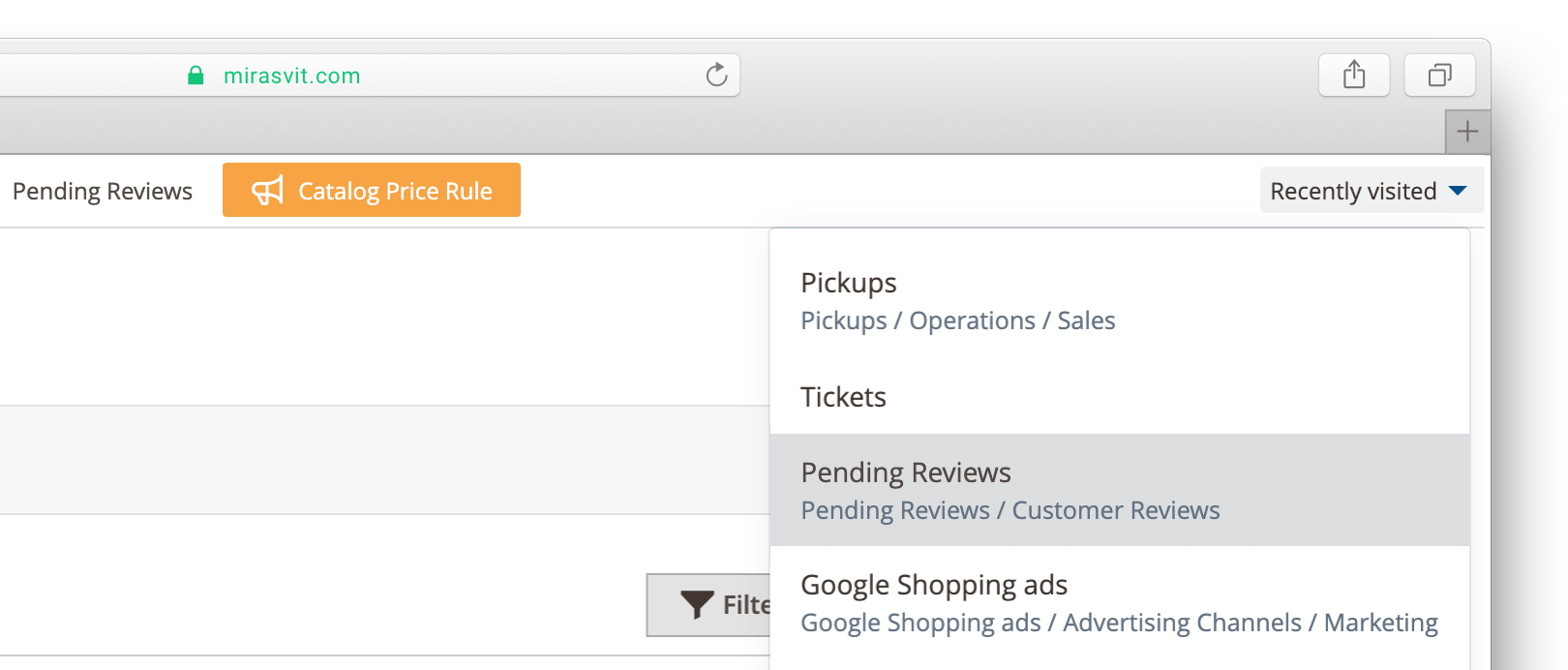 Recently visited menu in the Magento admin bookmark bar