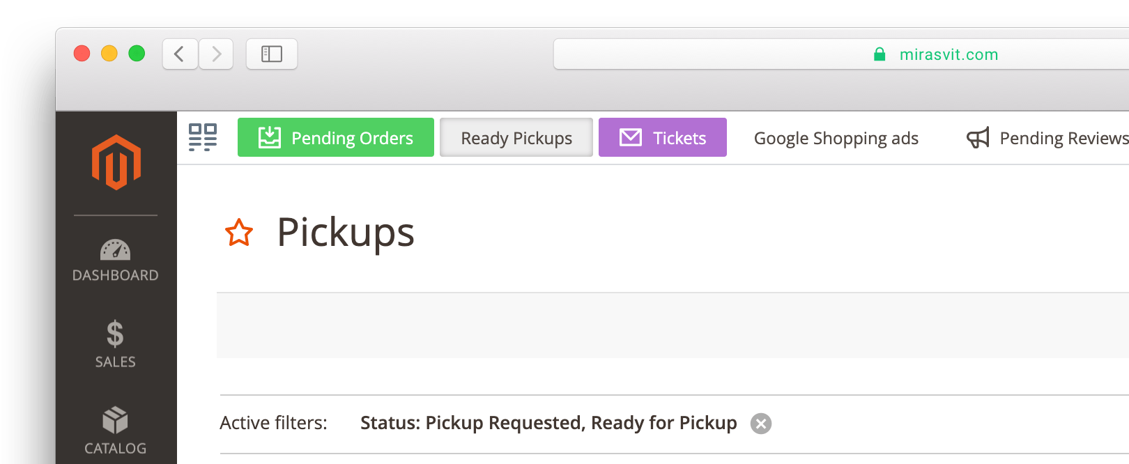 Bookmark bar with colored quick links at the top of the Magento 2 admin