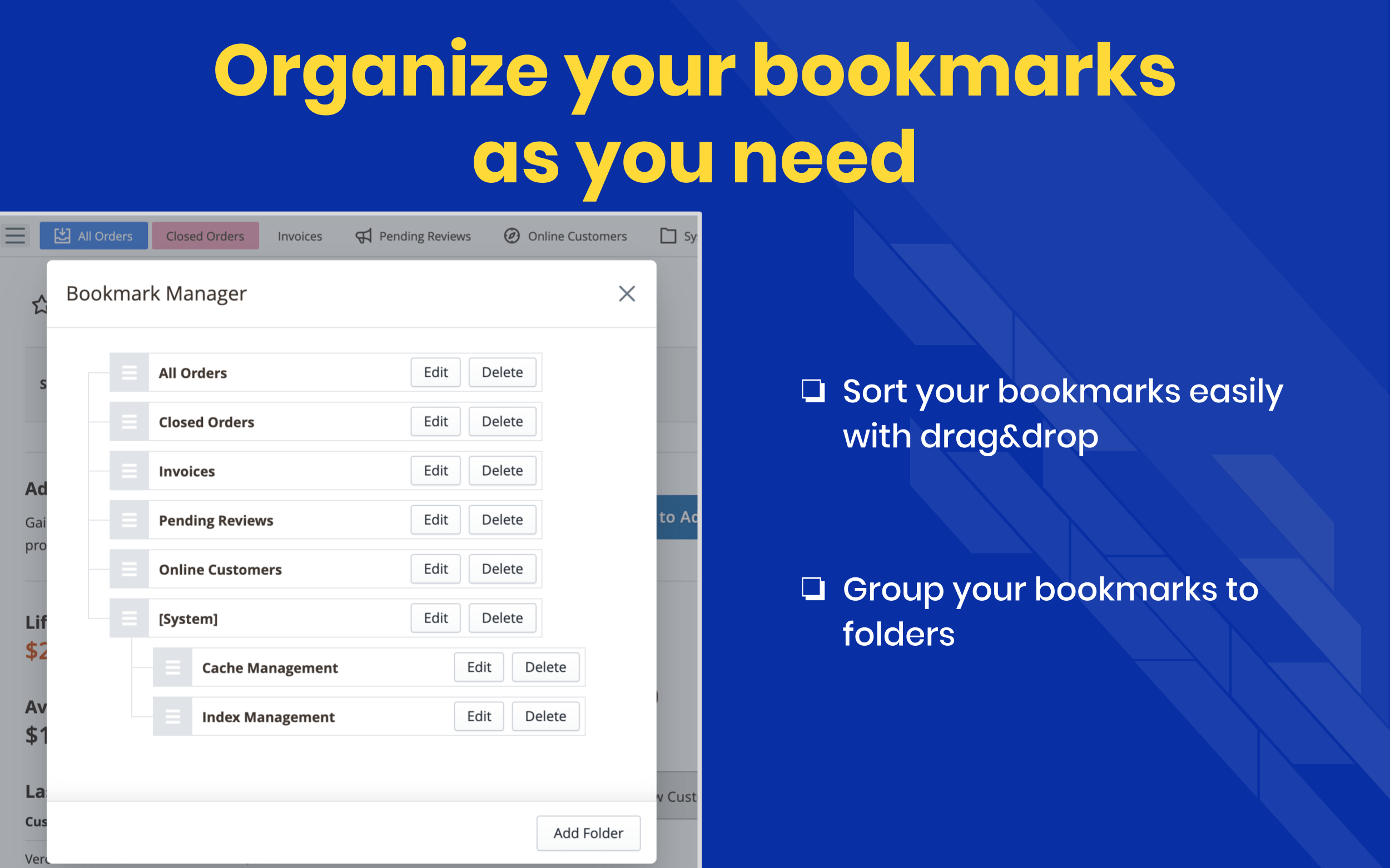 Bookmark manager with folders and drag and drop