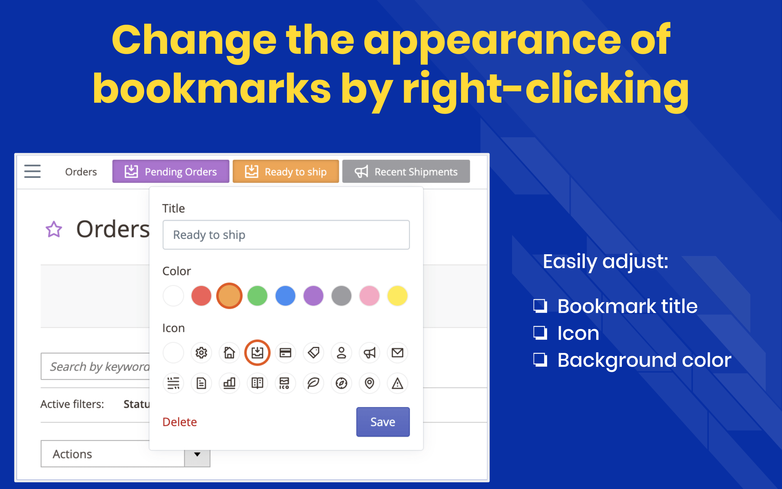 Right-click a bookmark to change its title, color and icon