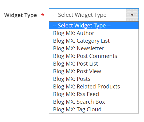 Widget type dropdown in the Magento admin