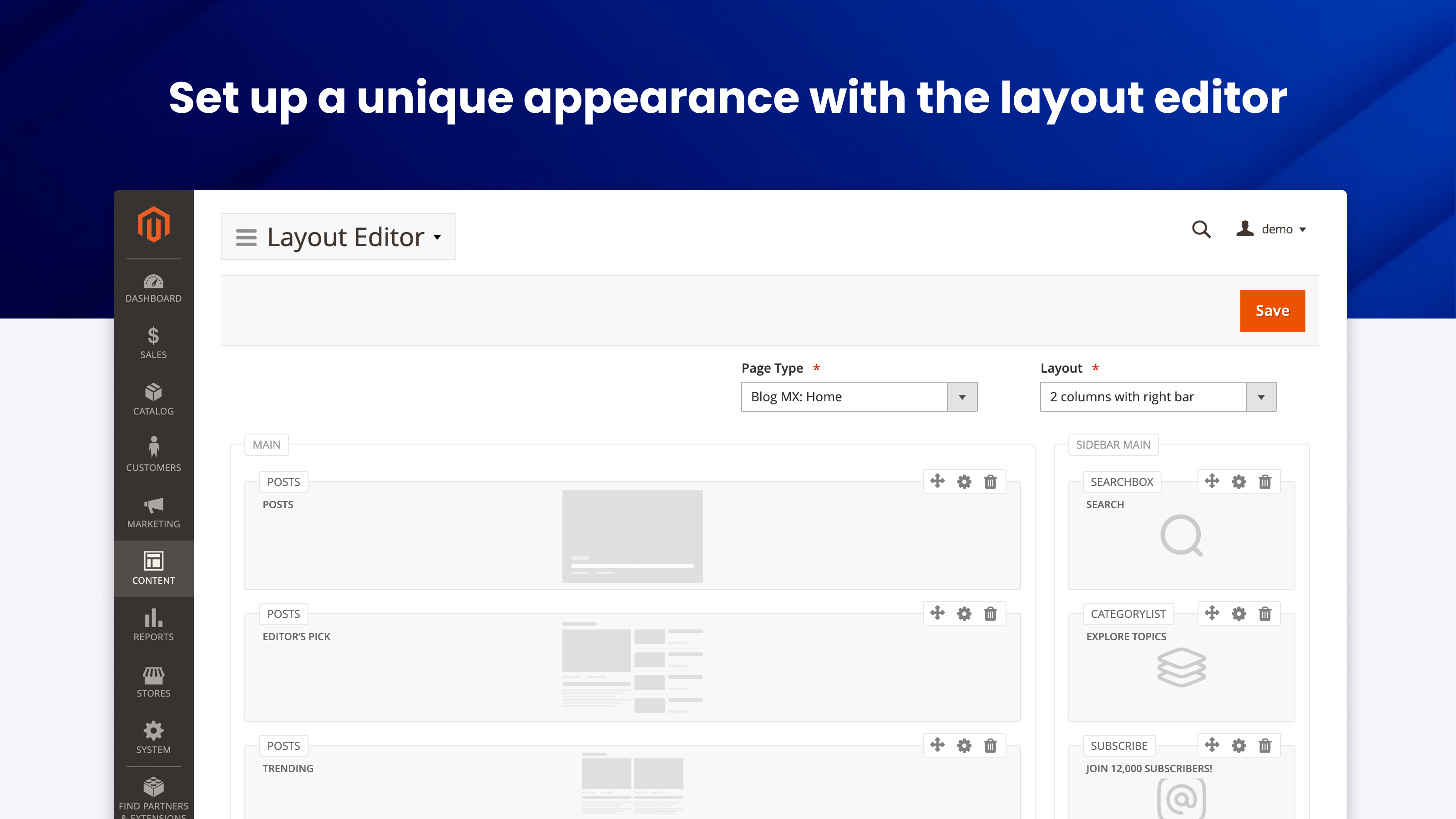 Drag-and-drop layout editor in the admin