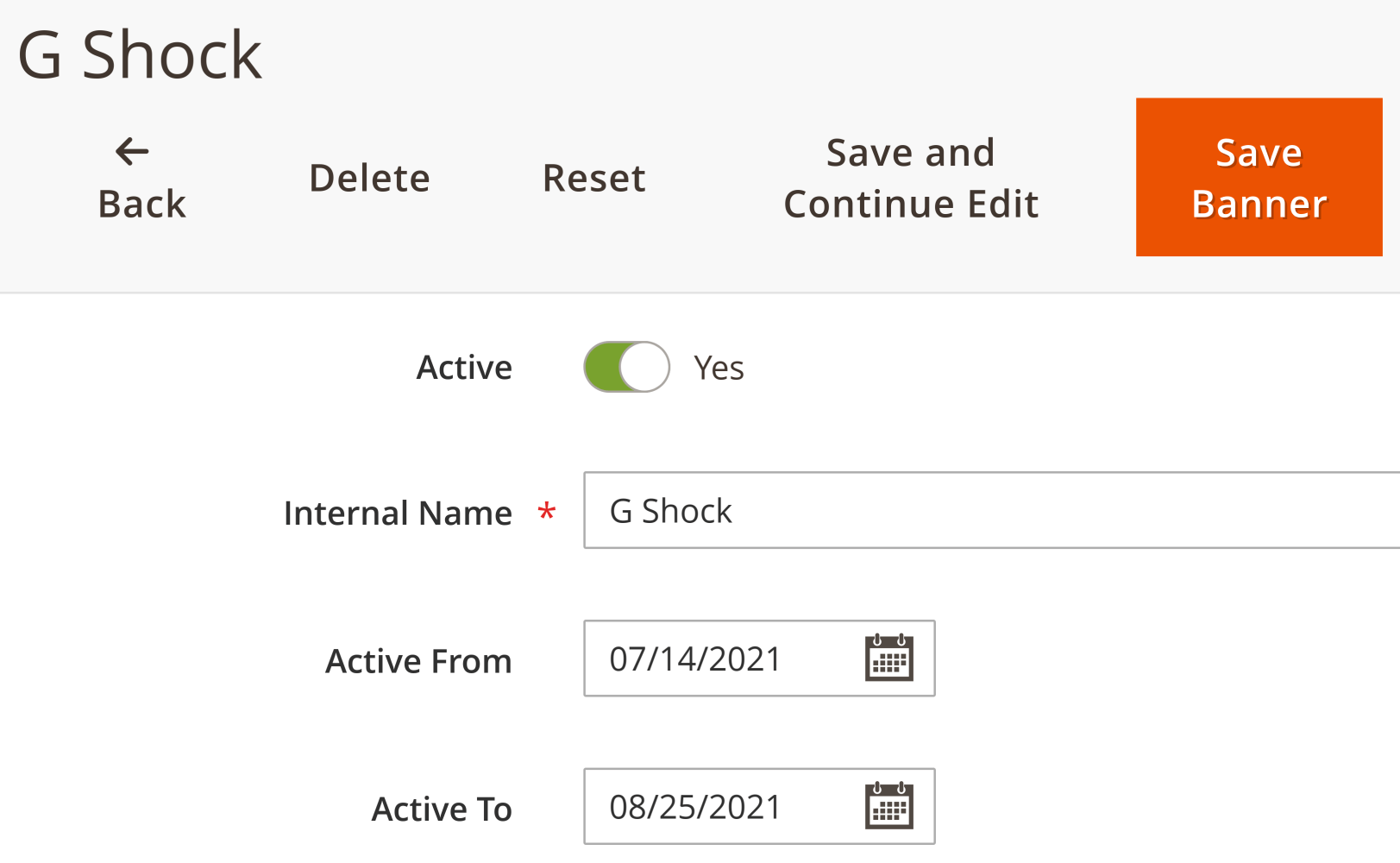 Active from and Active to fields scheduling a banner by date and time