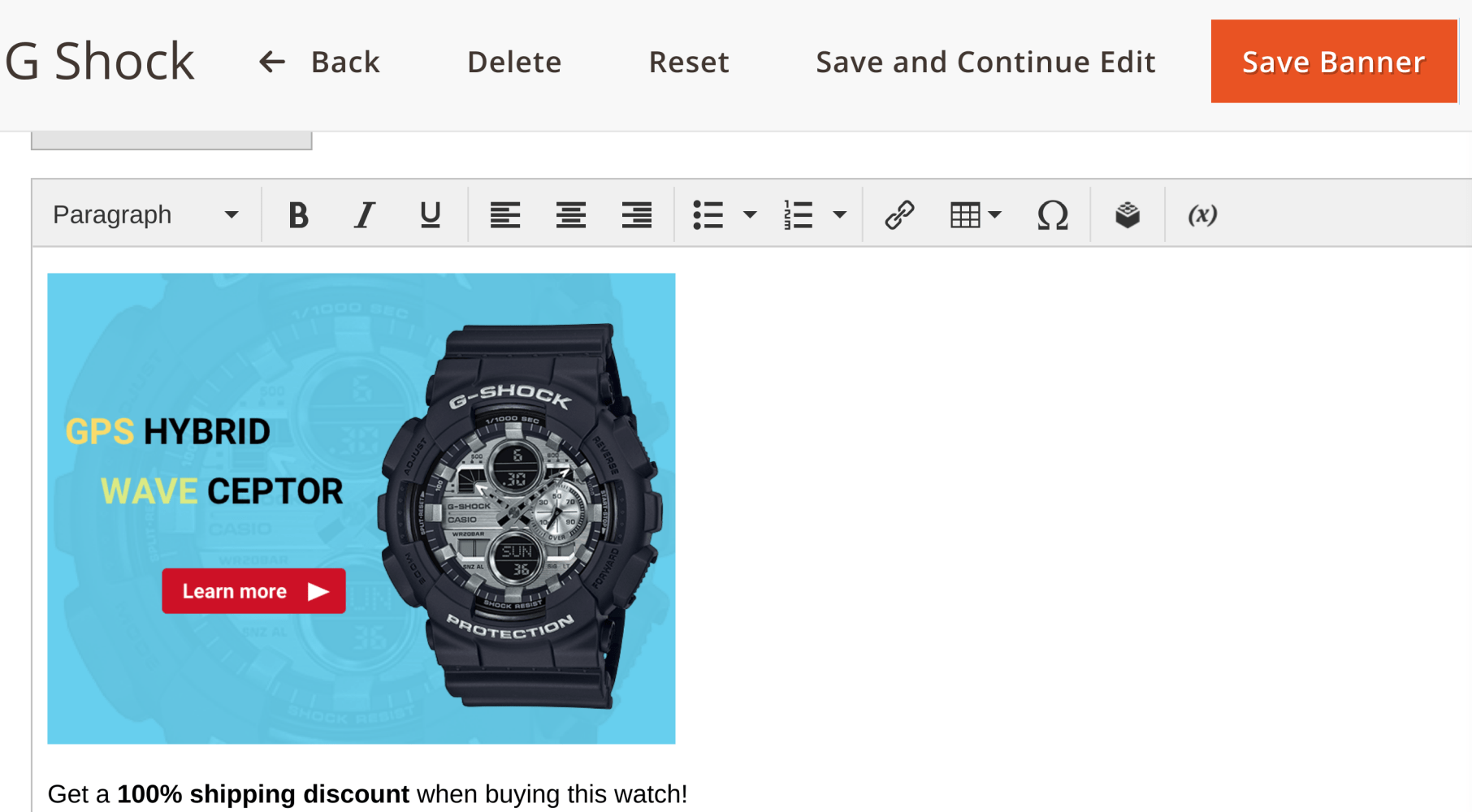 Banner content field in the default Magento editor, with the Show / Hide Editor button for raw HTML