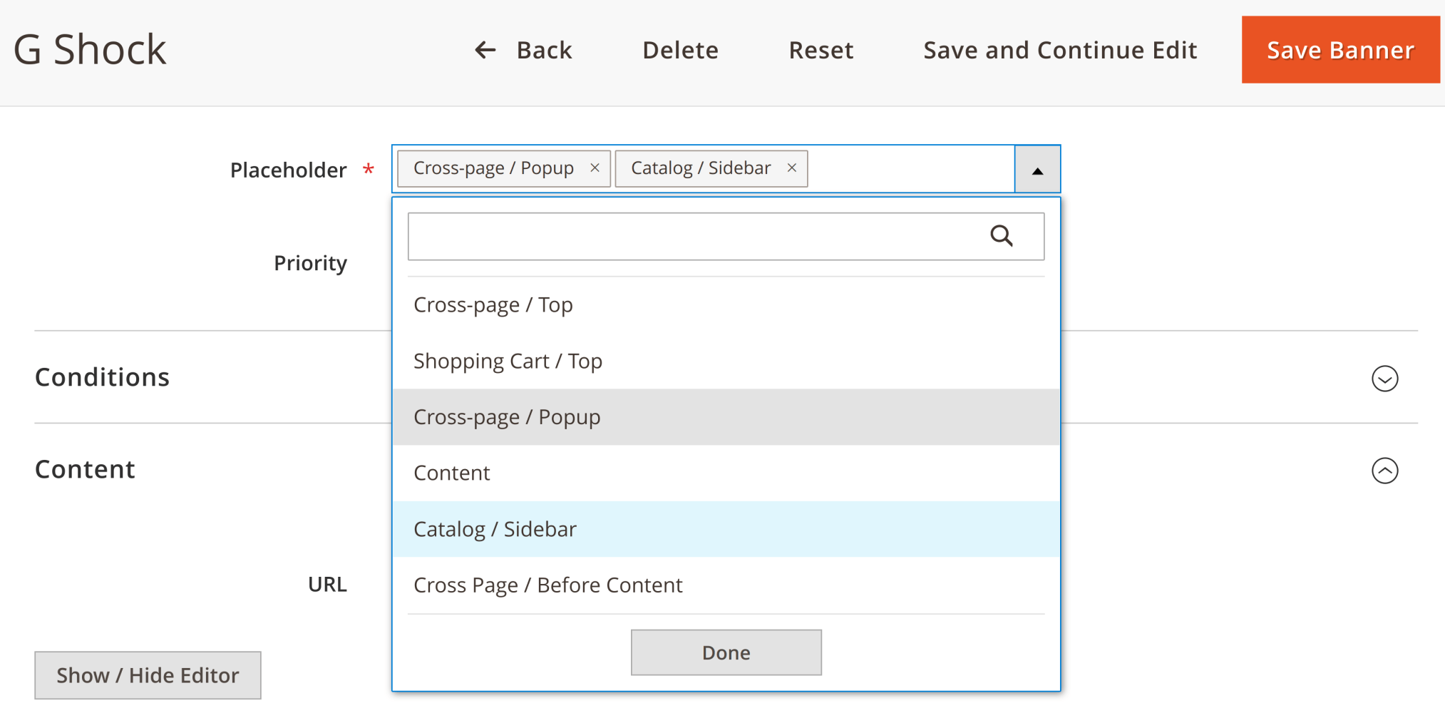 List of predefined banner placeholders with their display modes and page positions