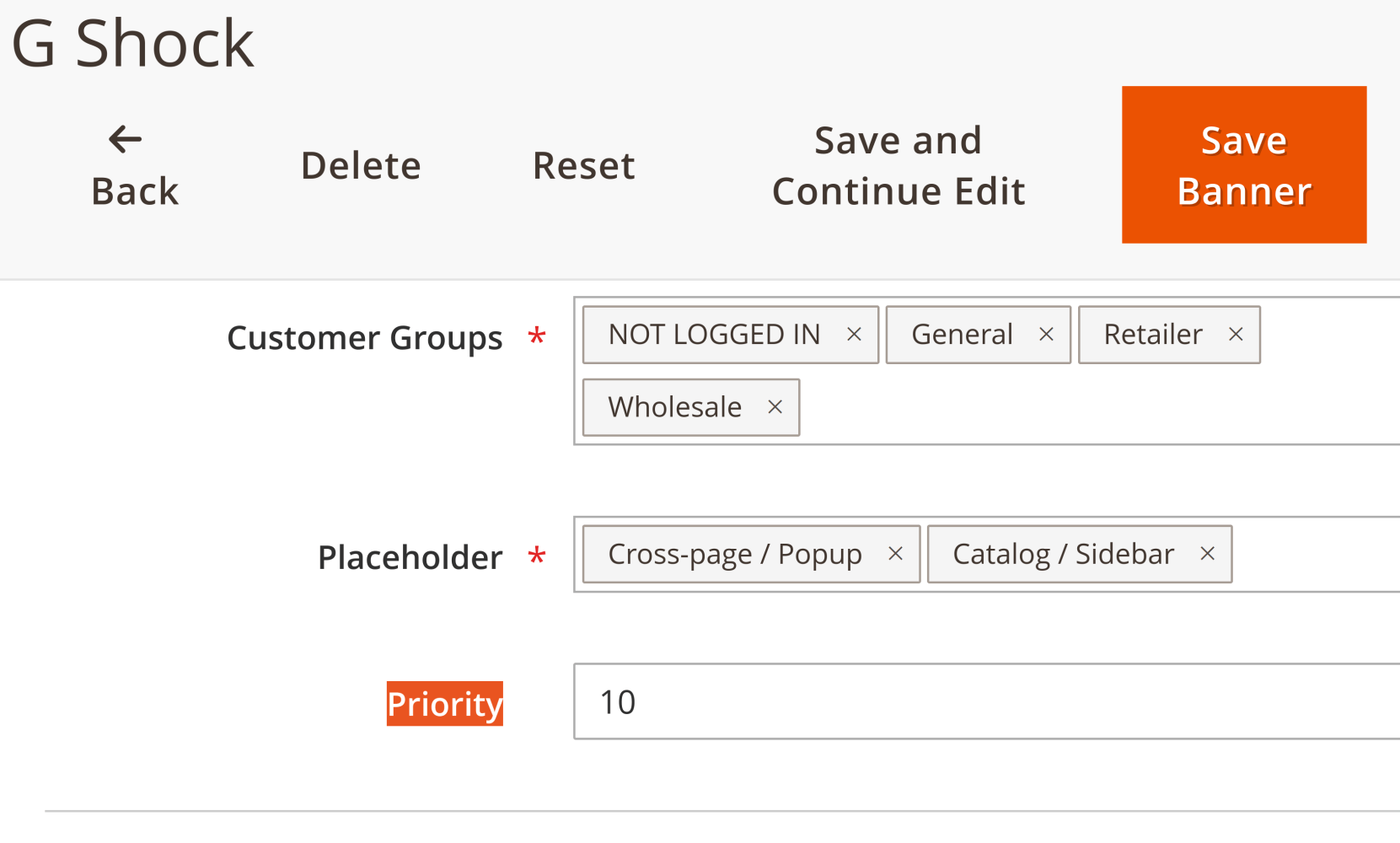 Priority field on a banner, used to order banners competing for the same placeholder