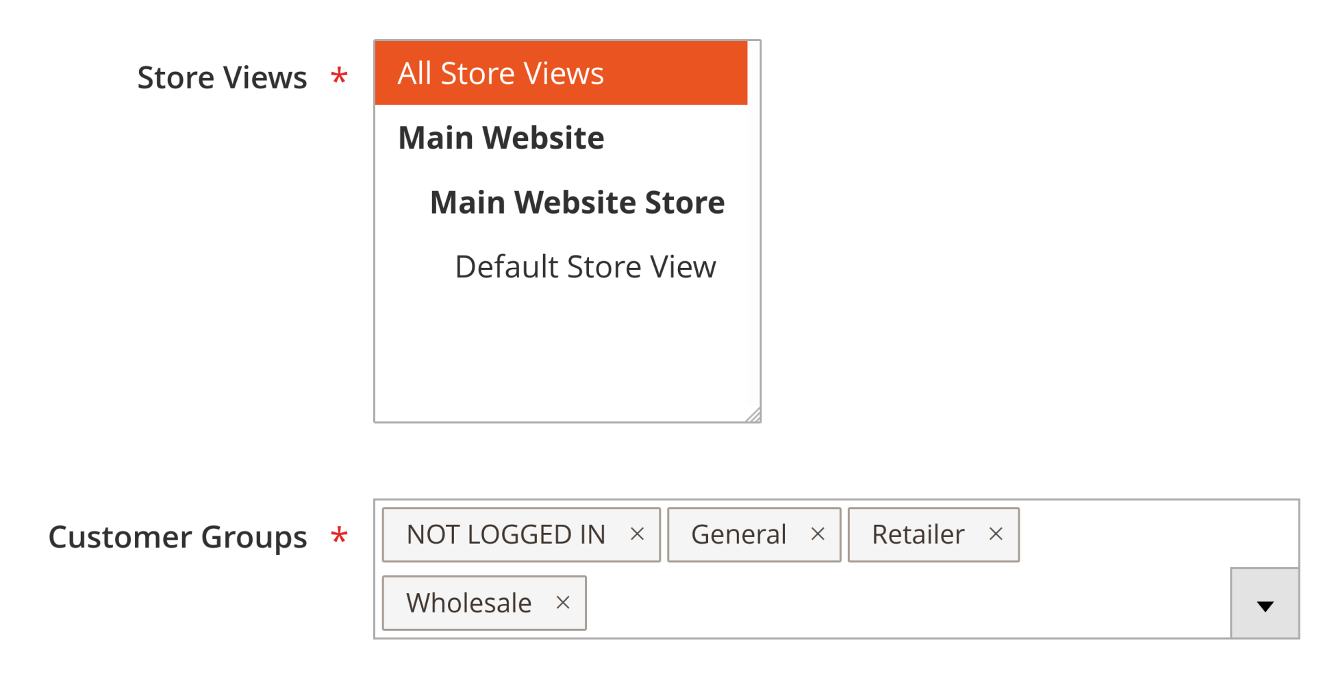 Banner visibility settings with store views and customer groups selected in the Magento admin