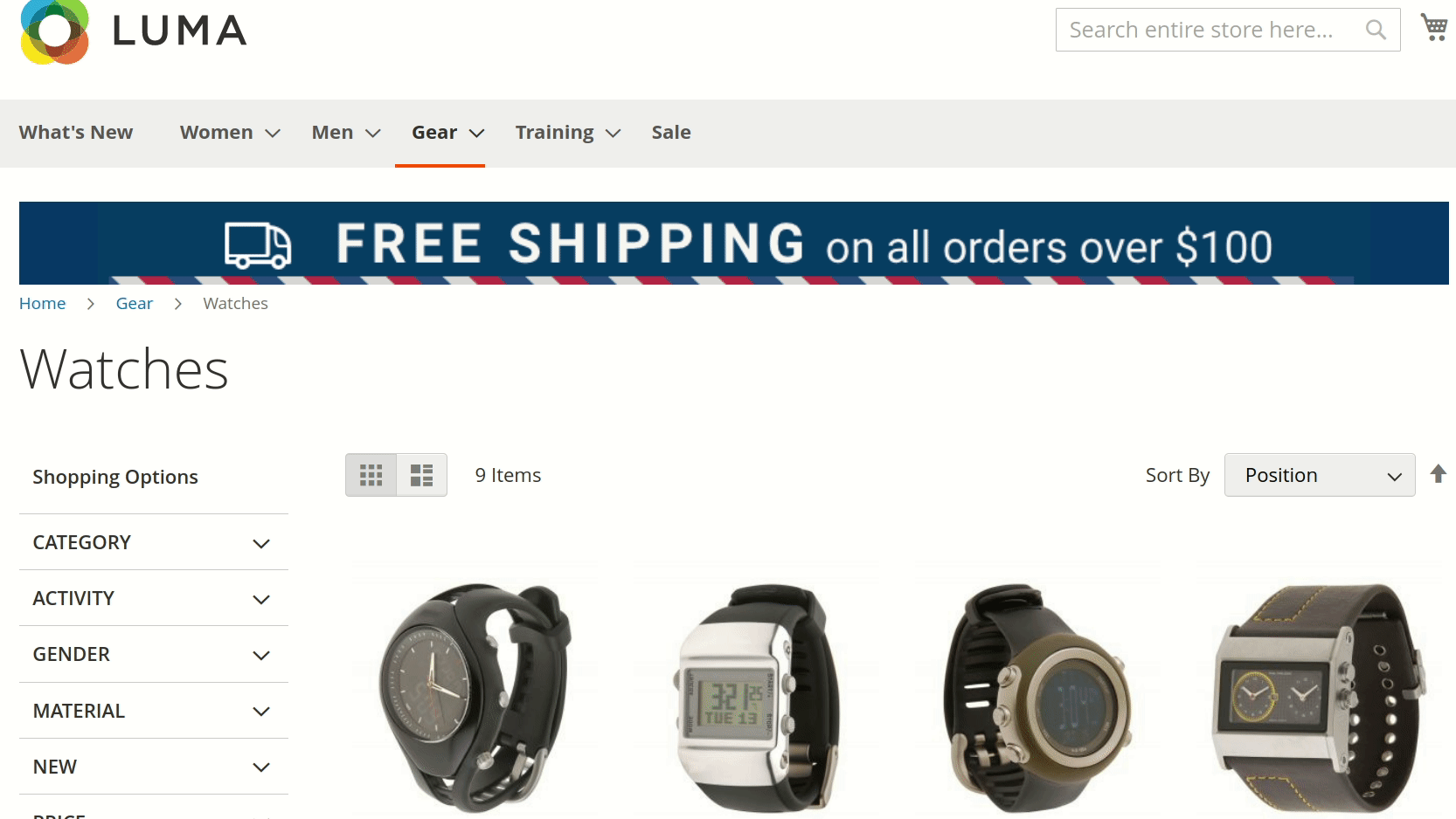 A free shipping banner rotating at the top of the page while a watch promotion opens as a pop-up