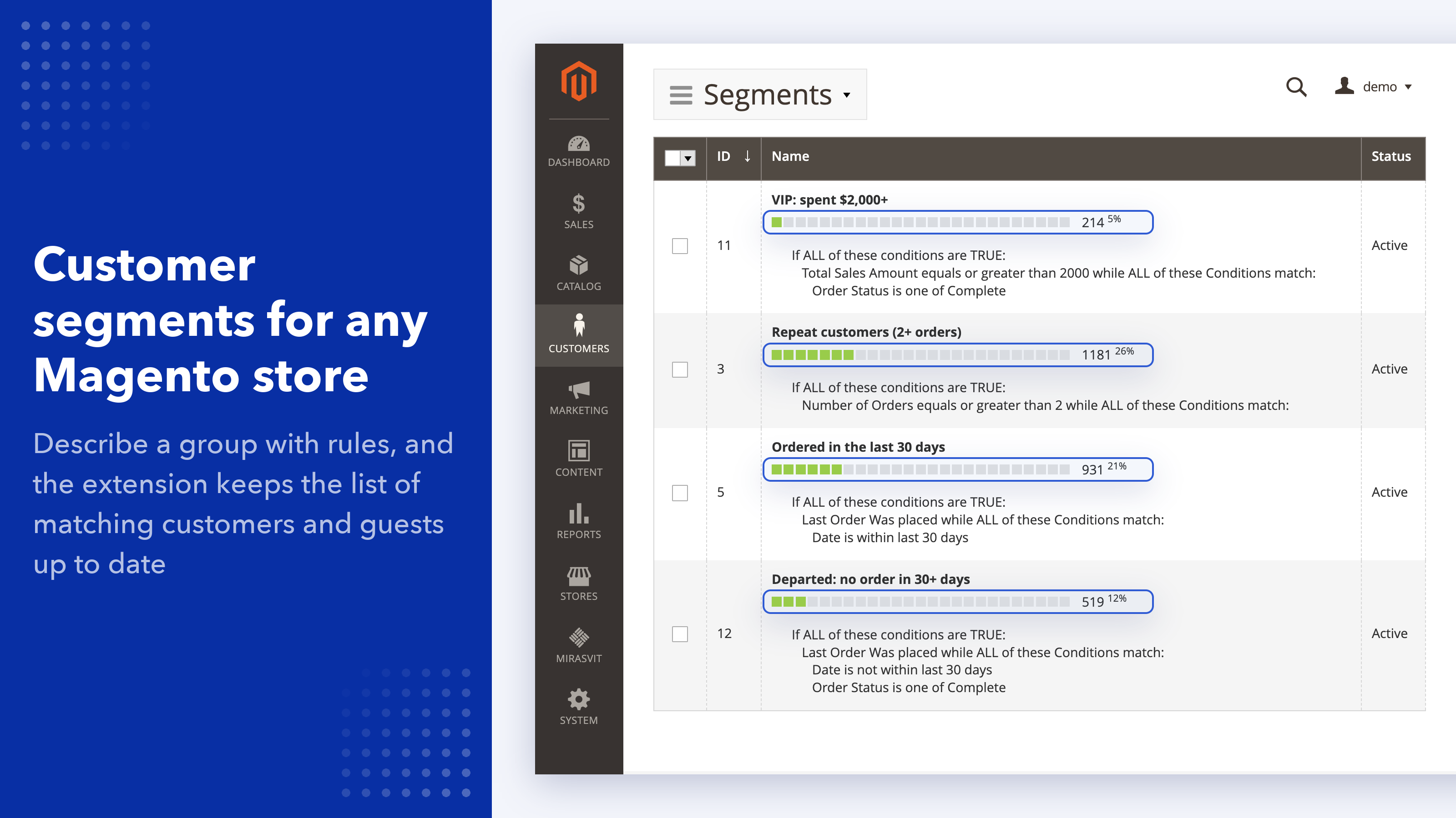 Customer segments with their size and rules