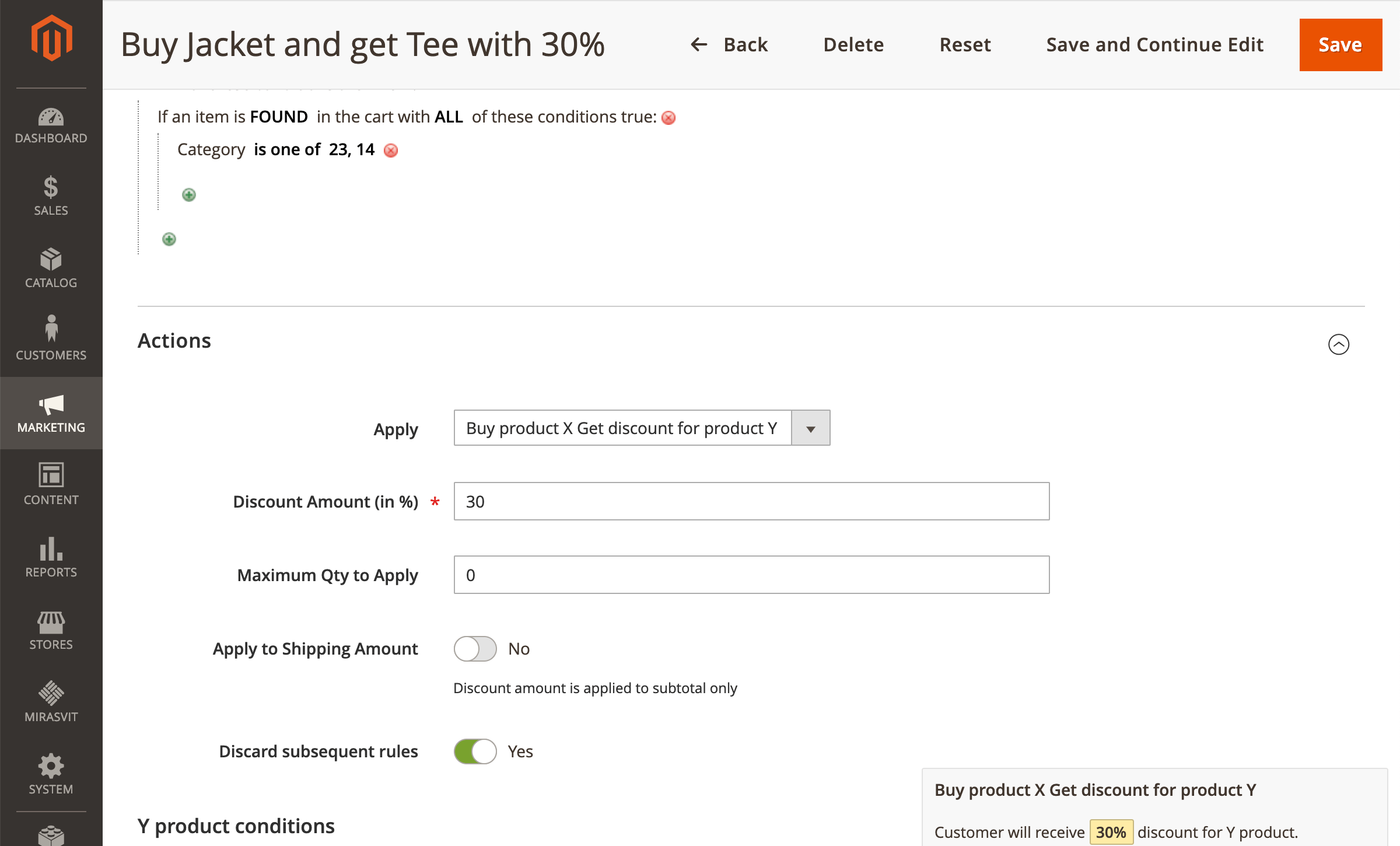 Extended rule action in the cart price rule form