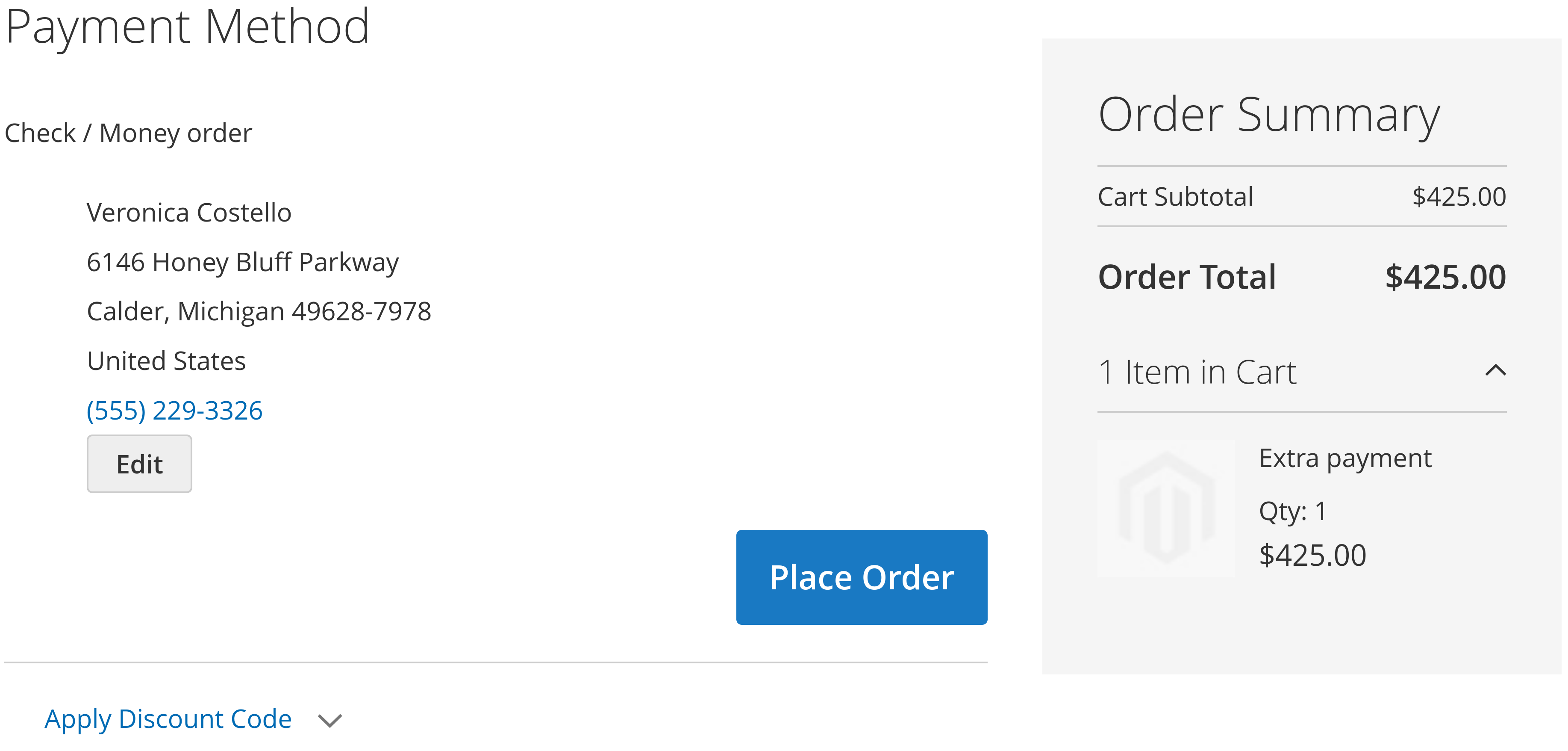 Choosing a payment method for an extra payment at checkout