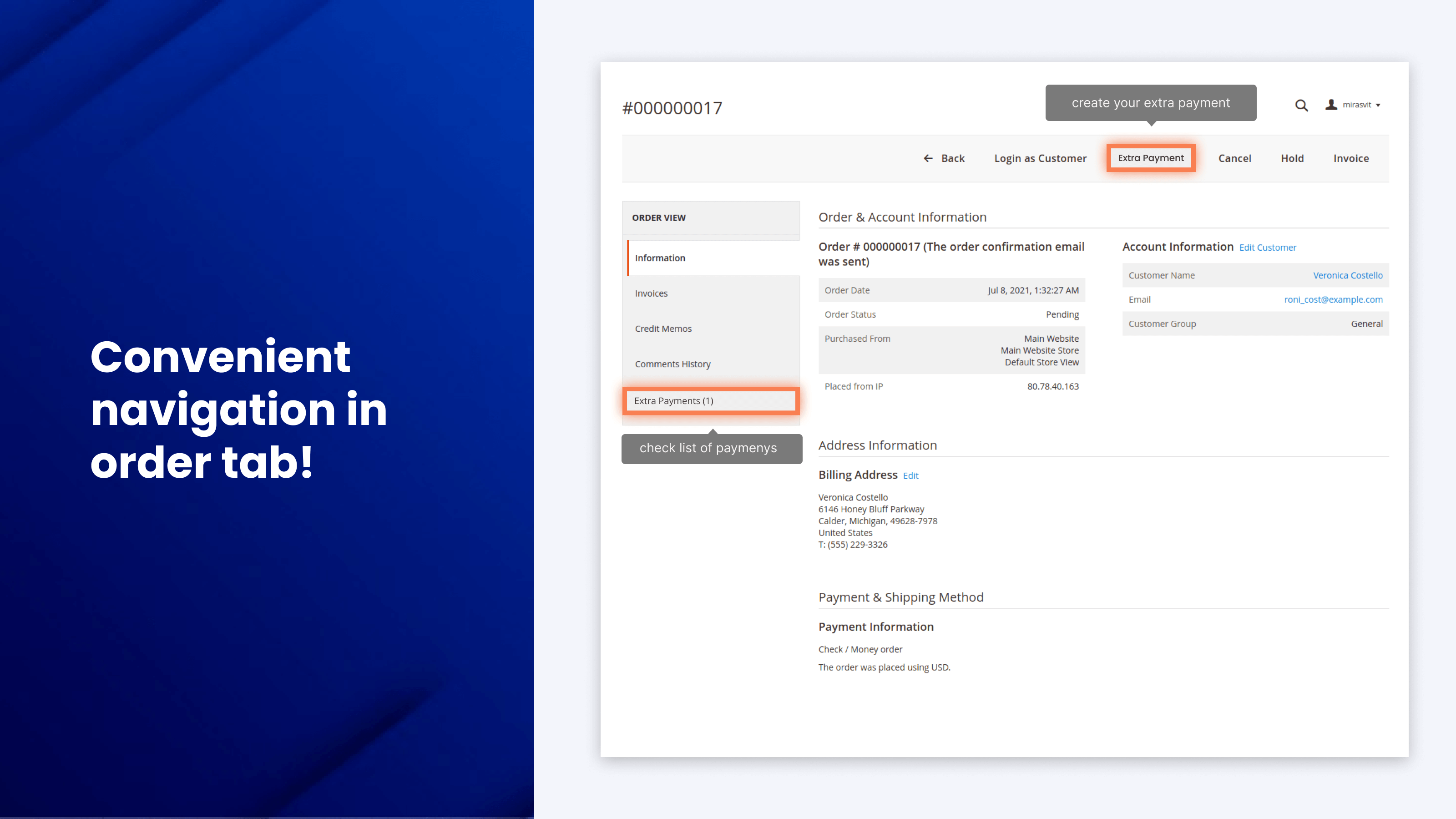 Create an extra payment from the order page