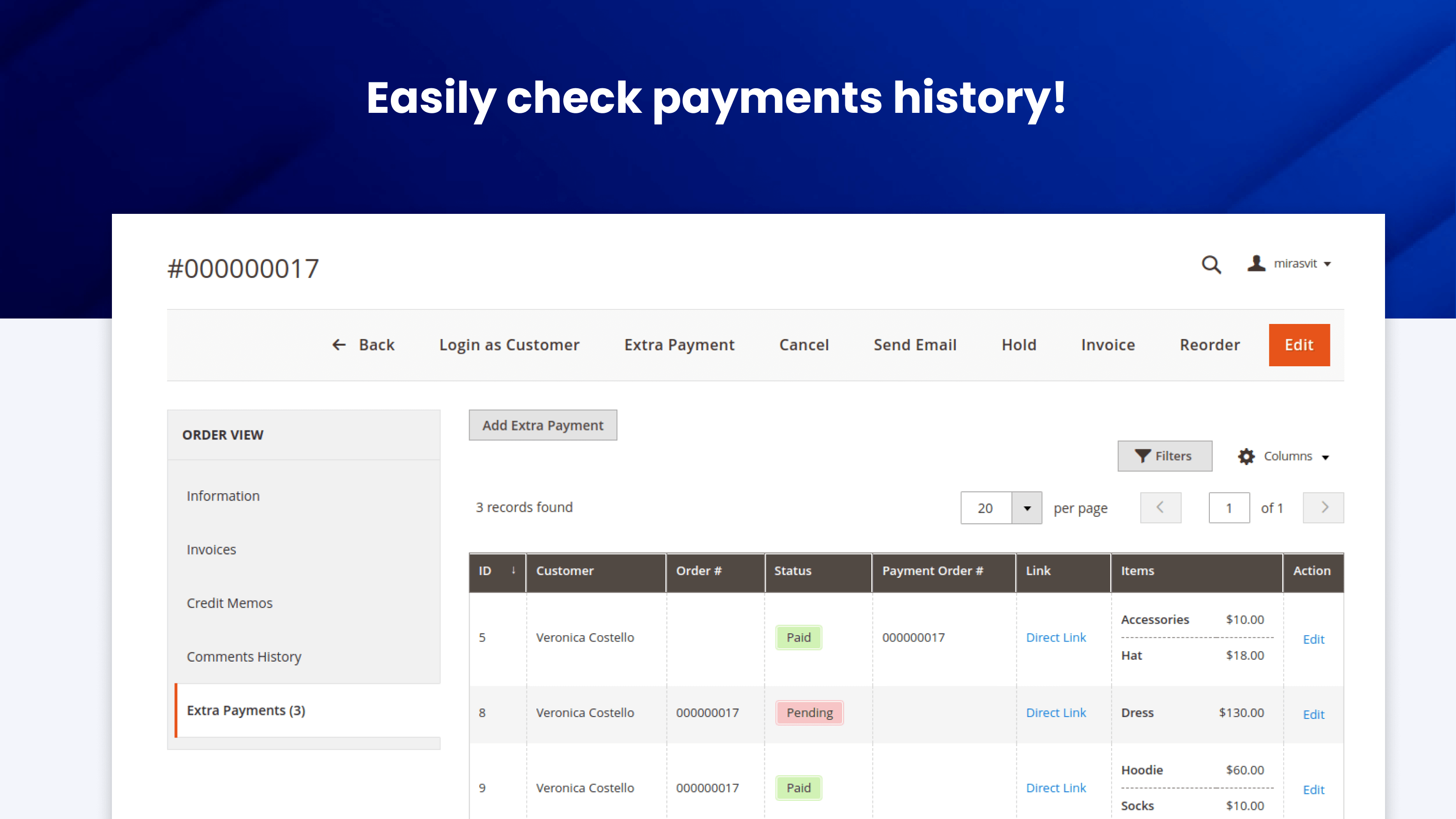 Extra payments of an order in the order view