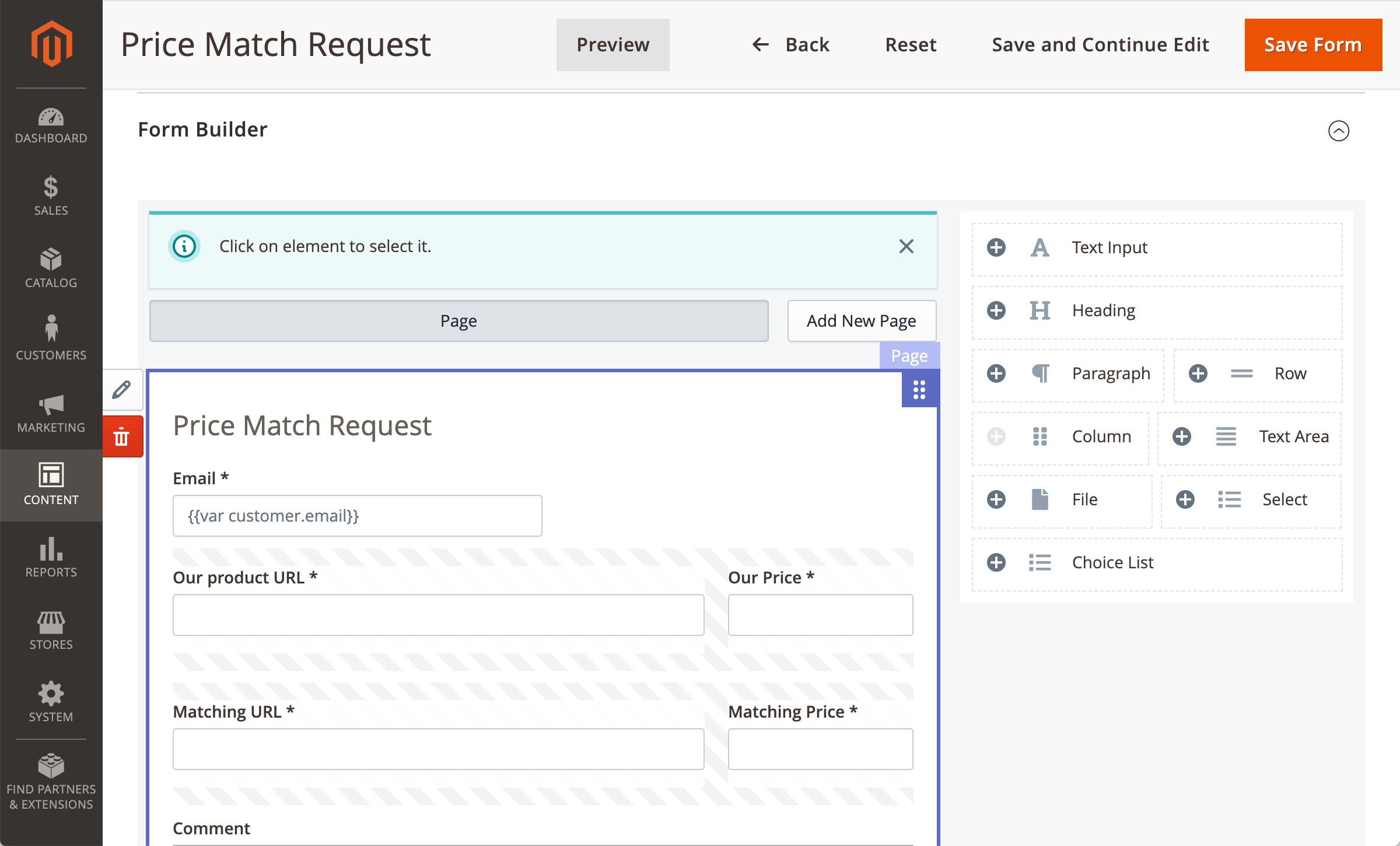 Form elements in the editor