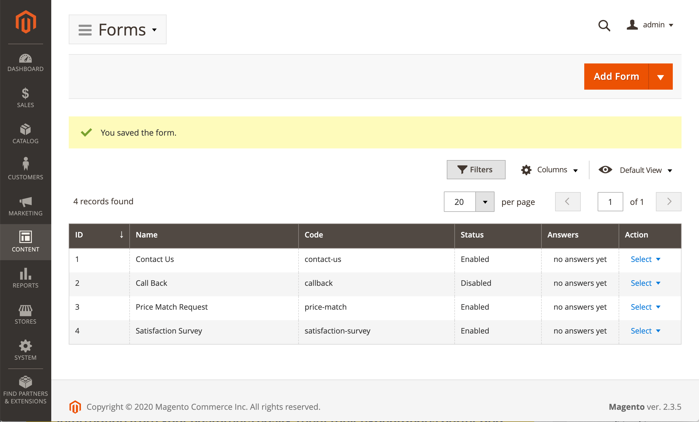 Forms list in the admin