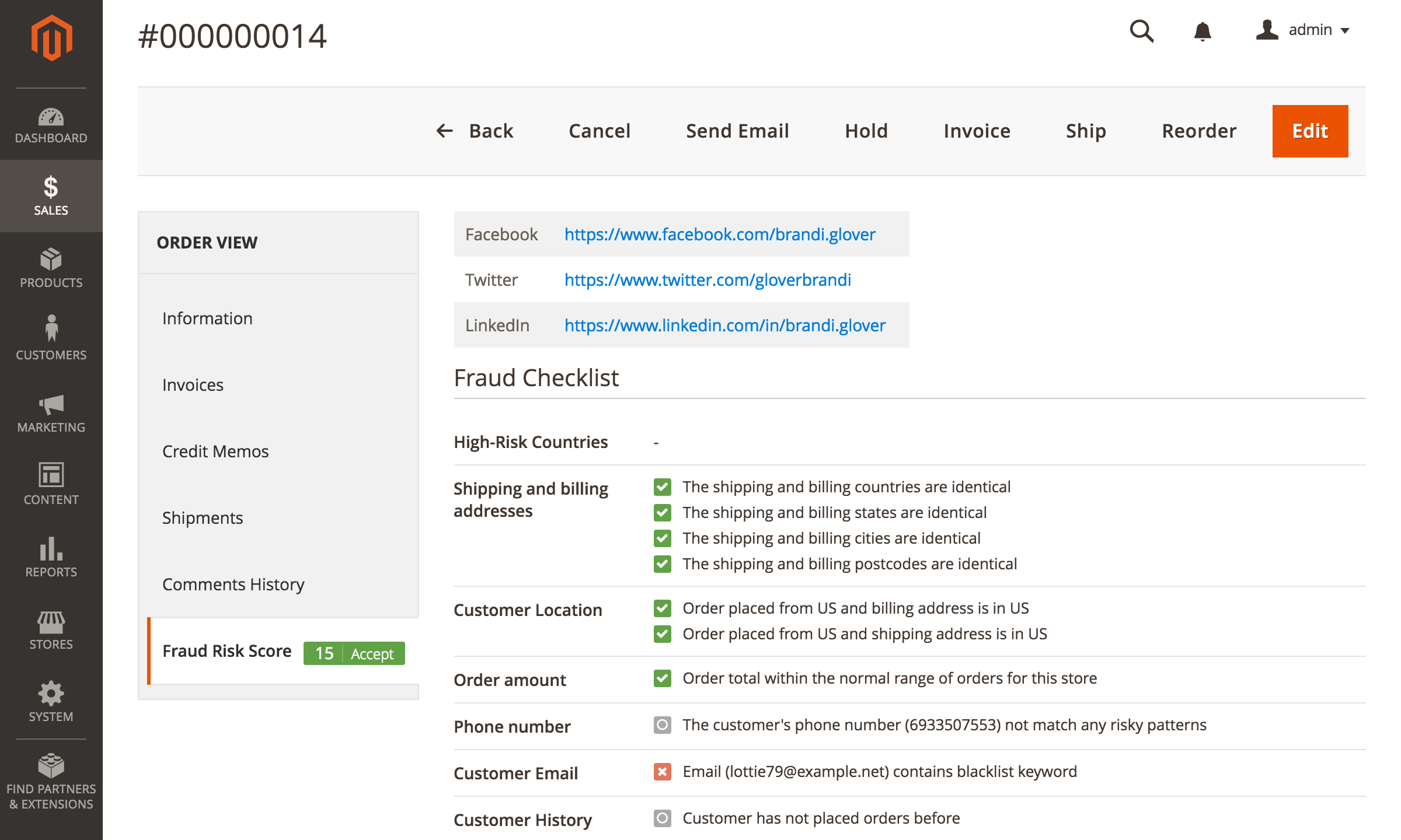 Fraud Risk Score tab on the order page: the result of every check
