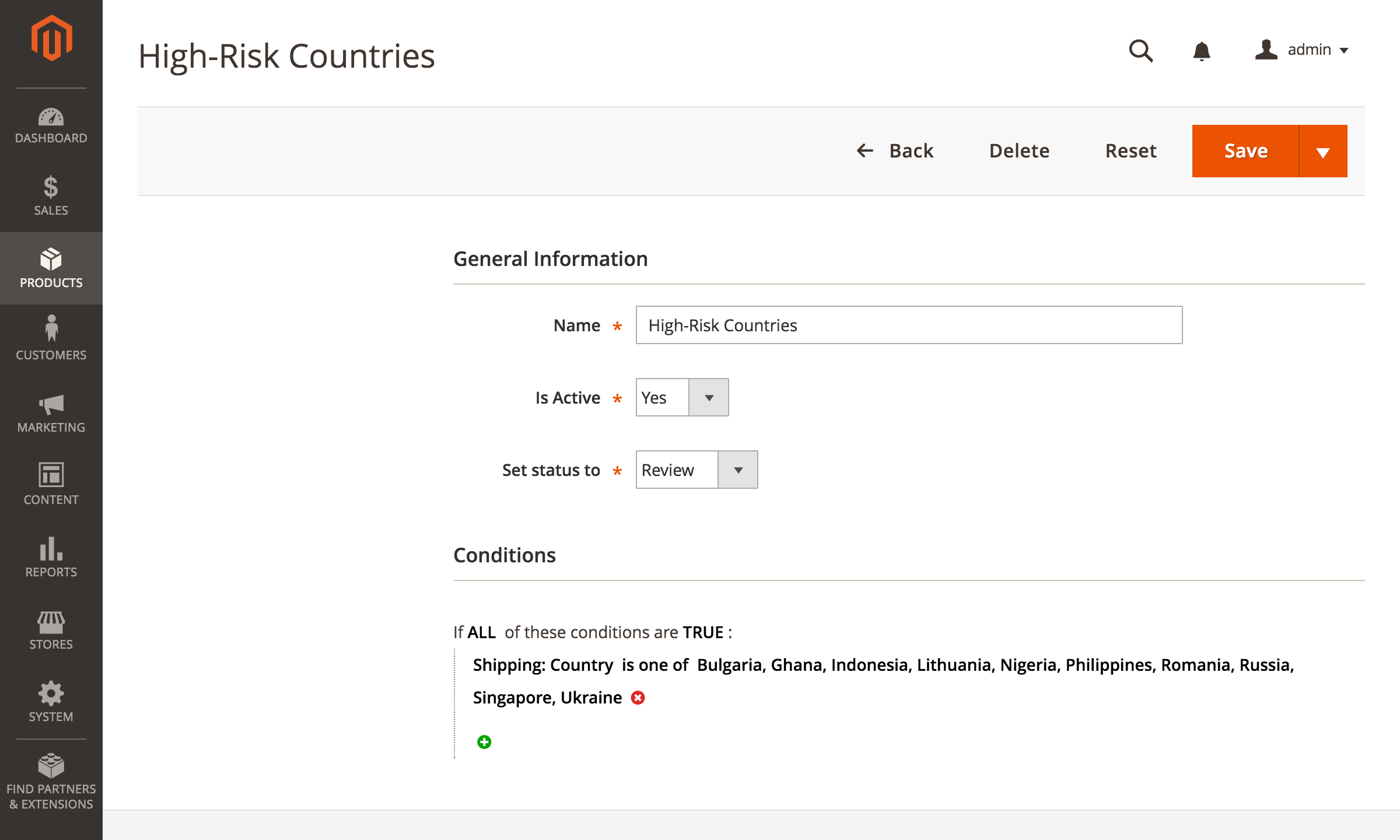 Custom rule: send orders shipped to selected countries to Review