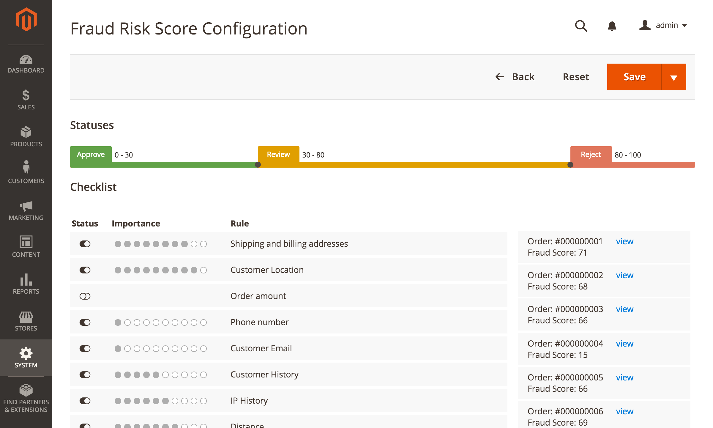 Score ranges for Accept, Review and Reject and the weight of each check
