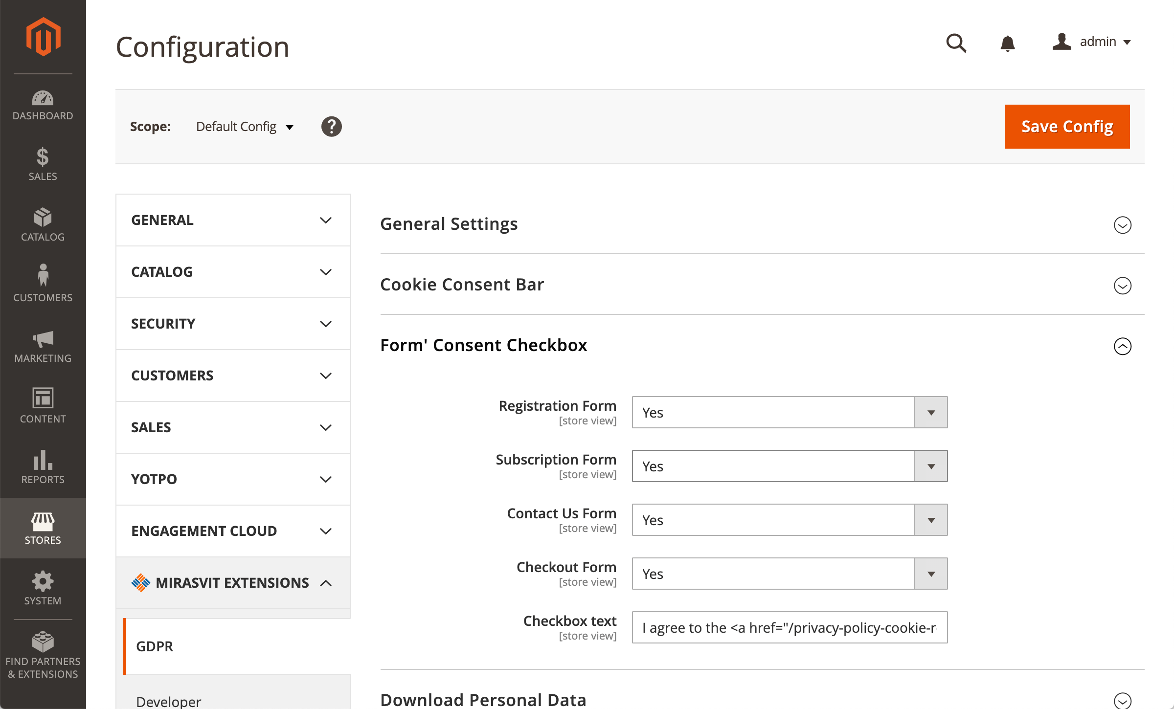 Consent checkboxes for registration, newsletter, Contact Us and checkout forms