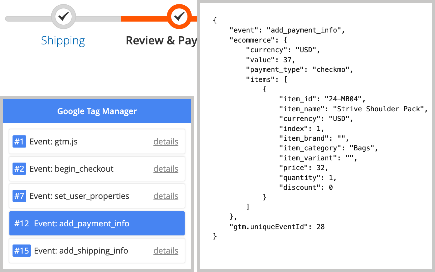 Debug toolbar showing data layer events on the storefront