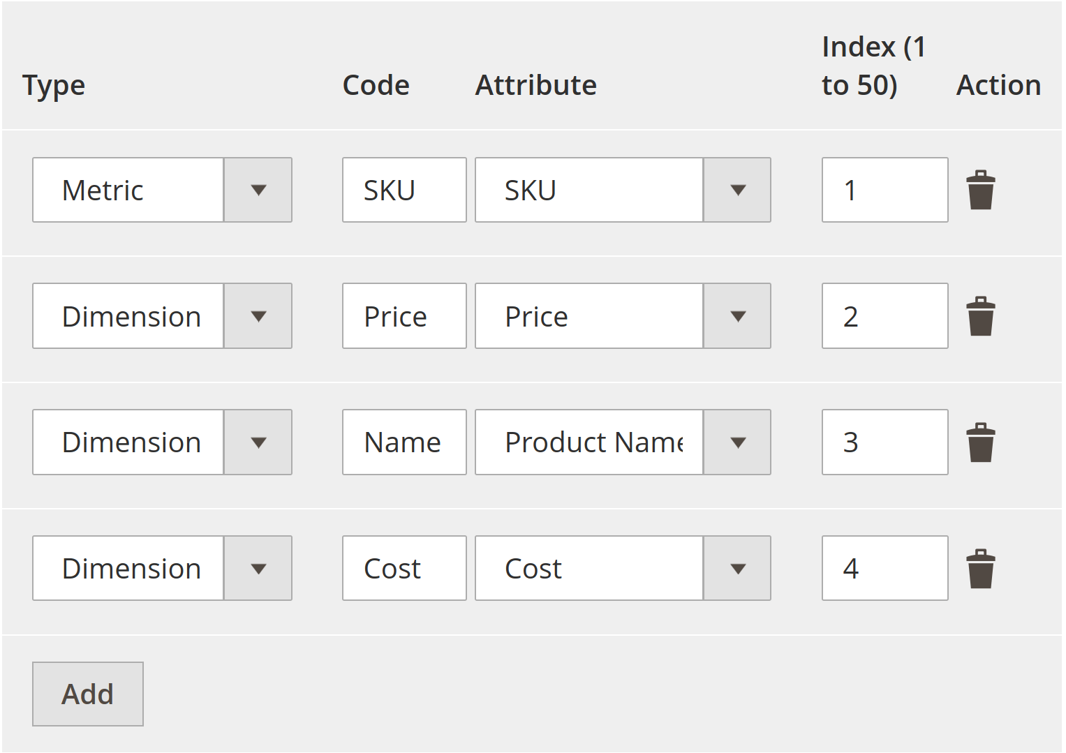 Custom dimensions and metrics settings