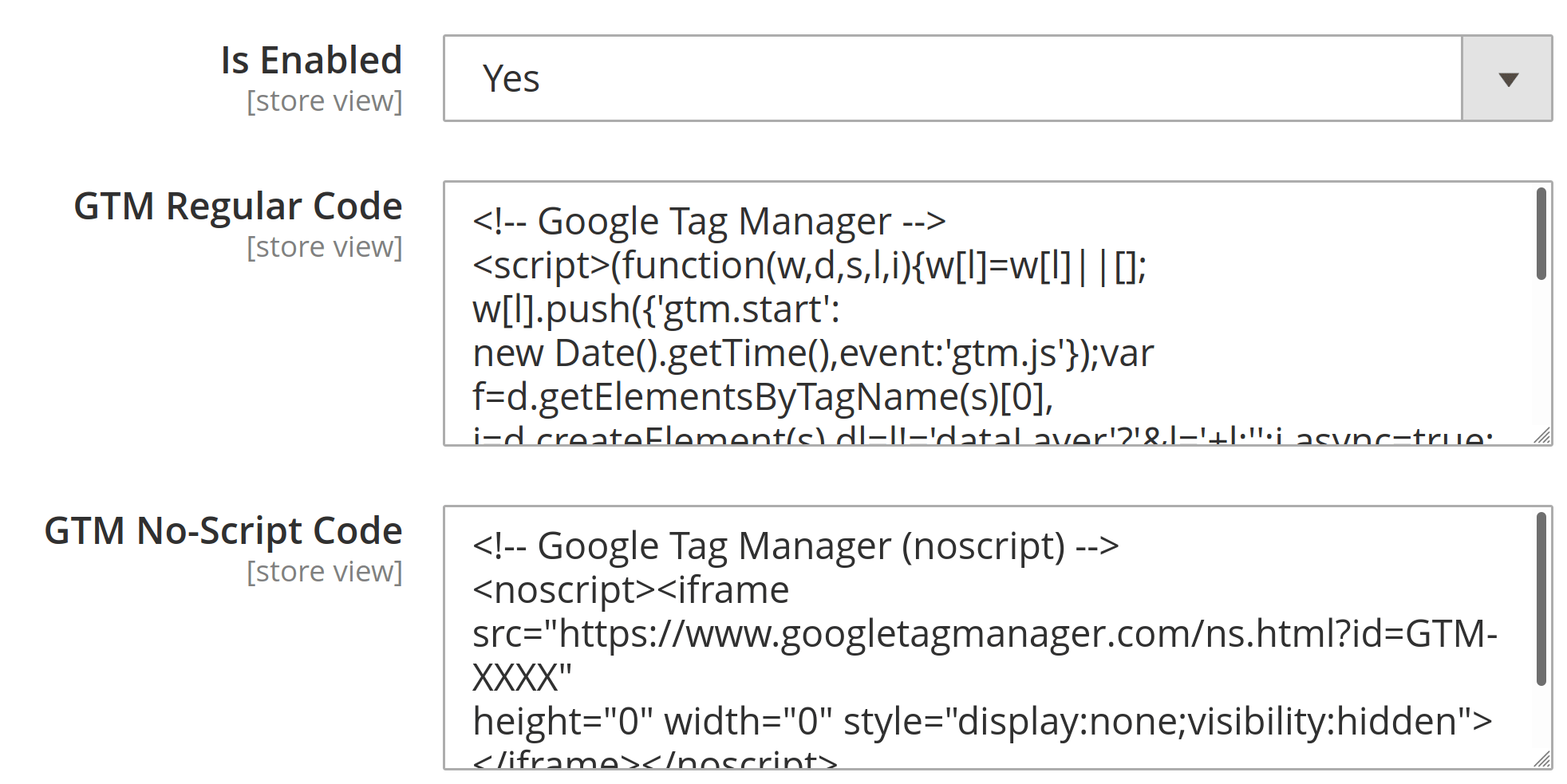 GTM container code fields in Magento admin
