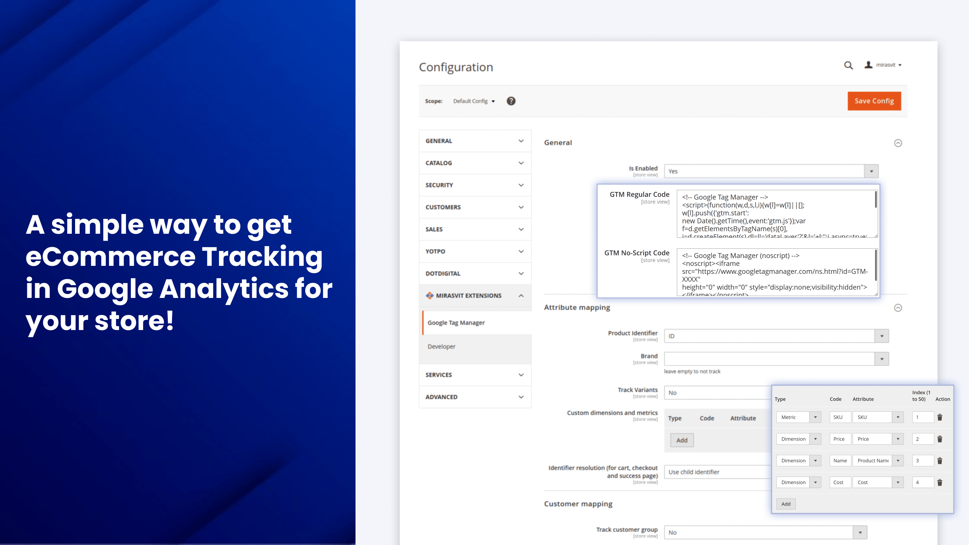 GTM code and attribute mapping settings in the Magento admin