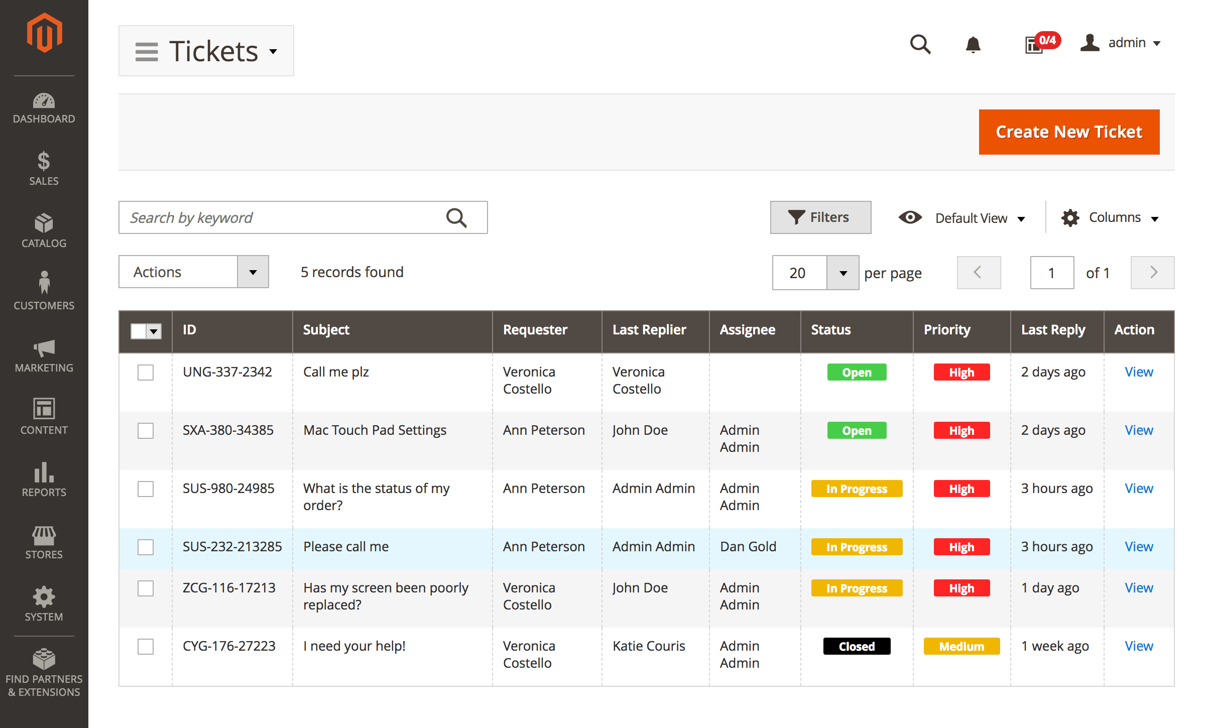 Admin ticket grid