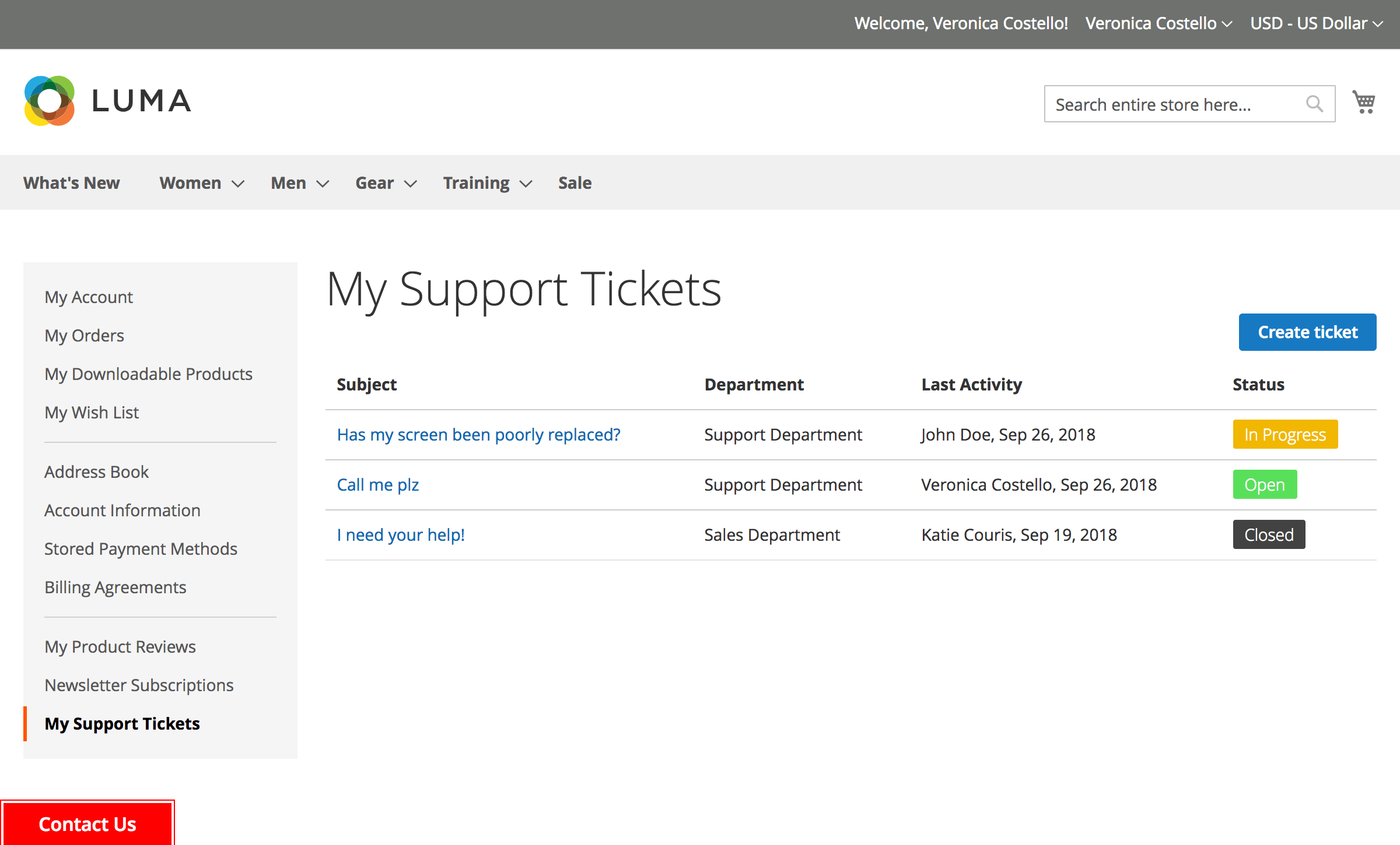 Customer ticket list in the account