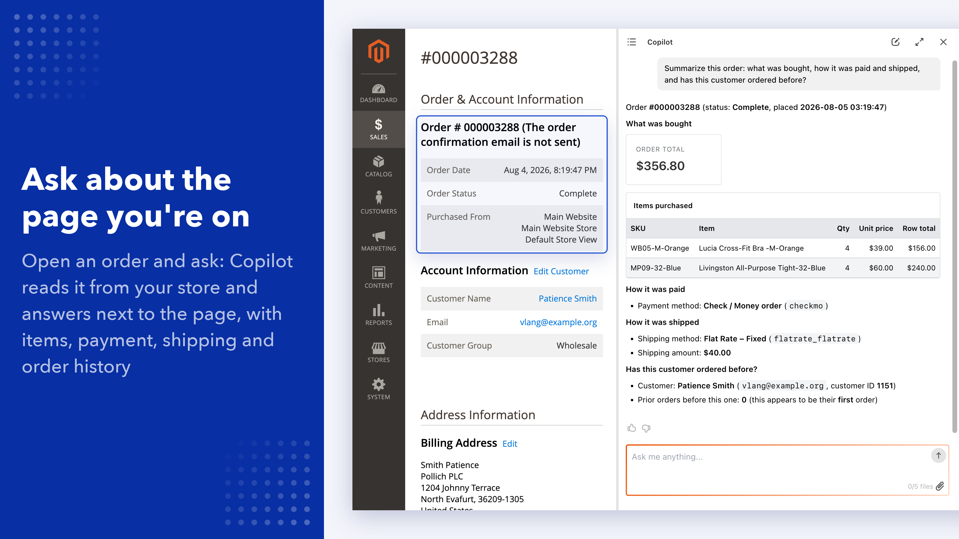 Copilot answers about the order open on screen: items, payment, shipping and order history