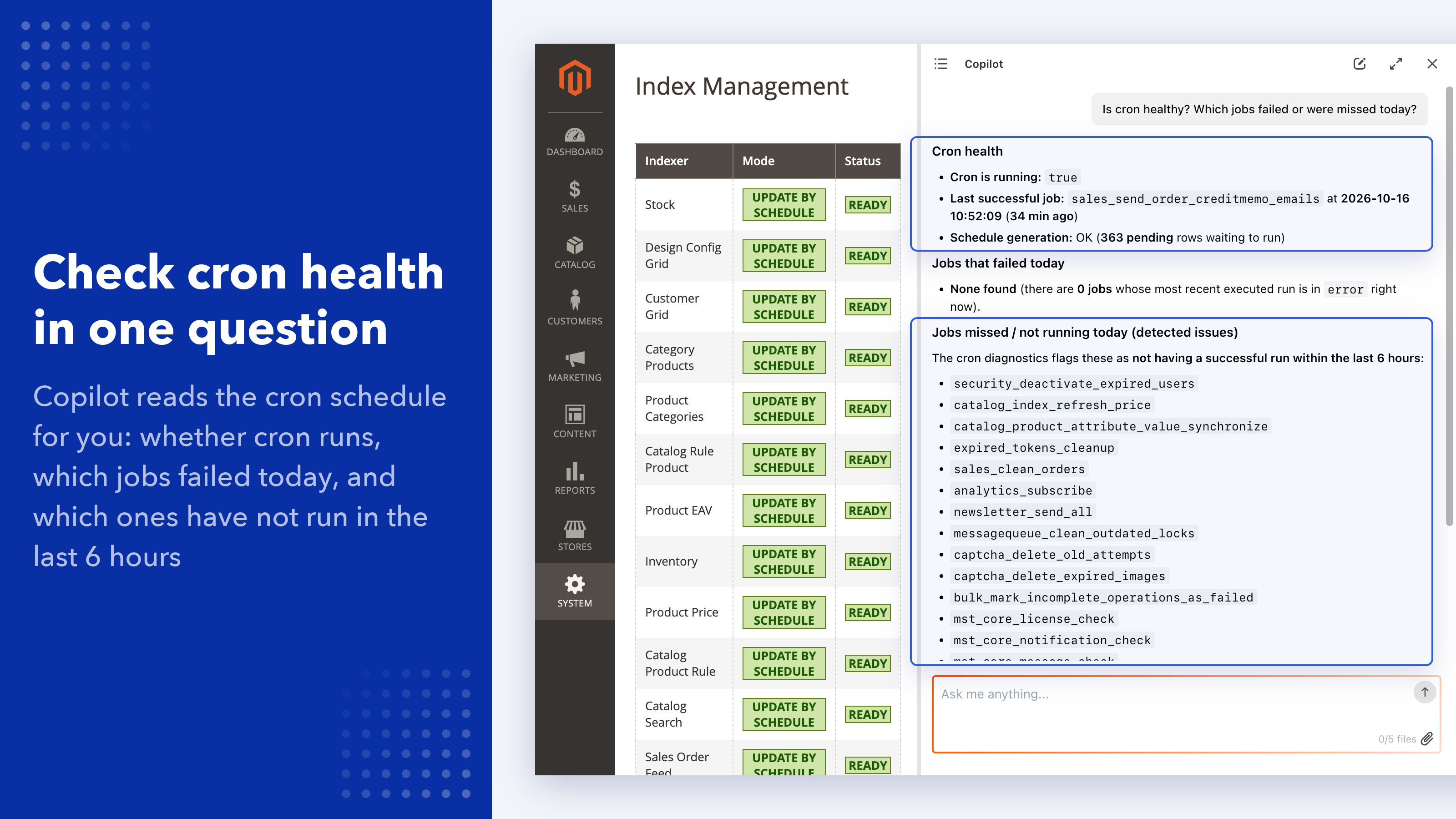 Cron health check in the chat: last successful run, failed jobs and jobs not run in 6 hours
