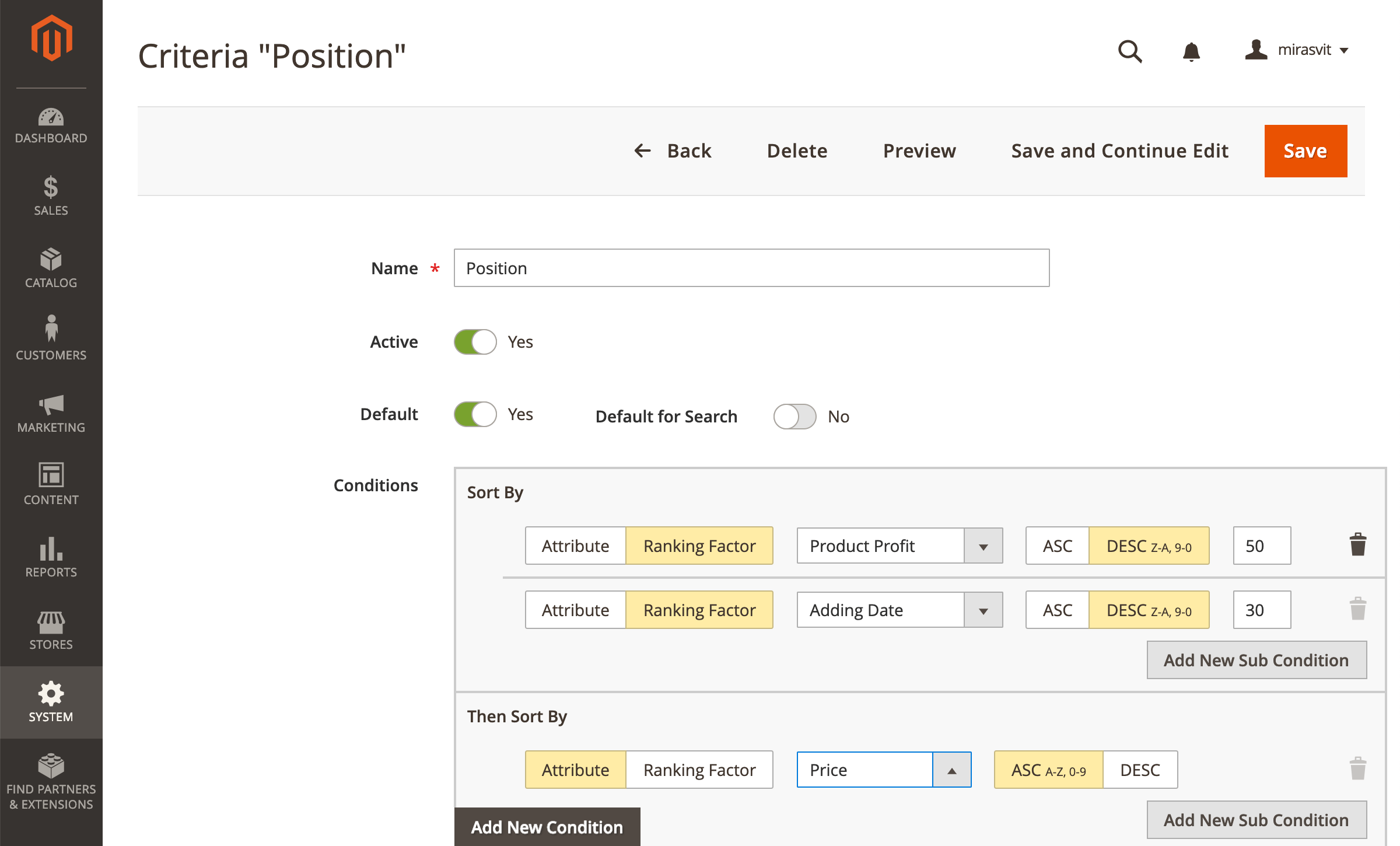 Editing a sorting criterion in Mirasvit Magento 2 Improved Sorting module.