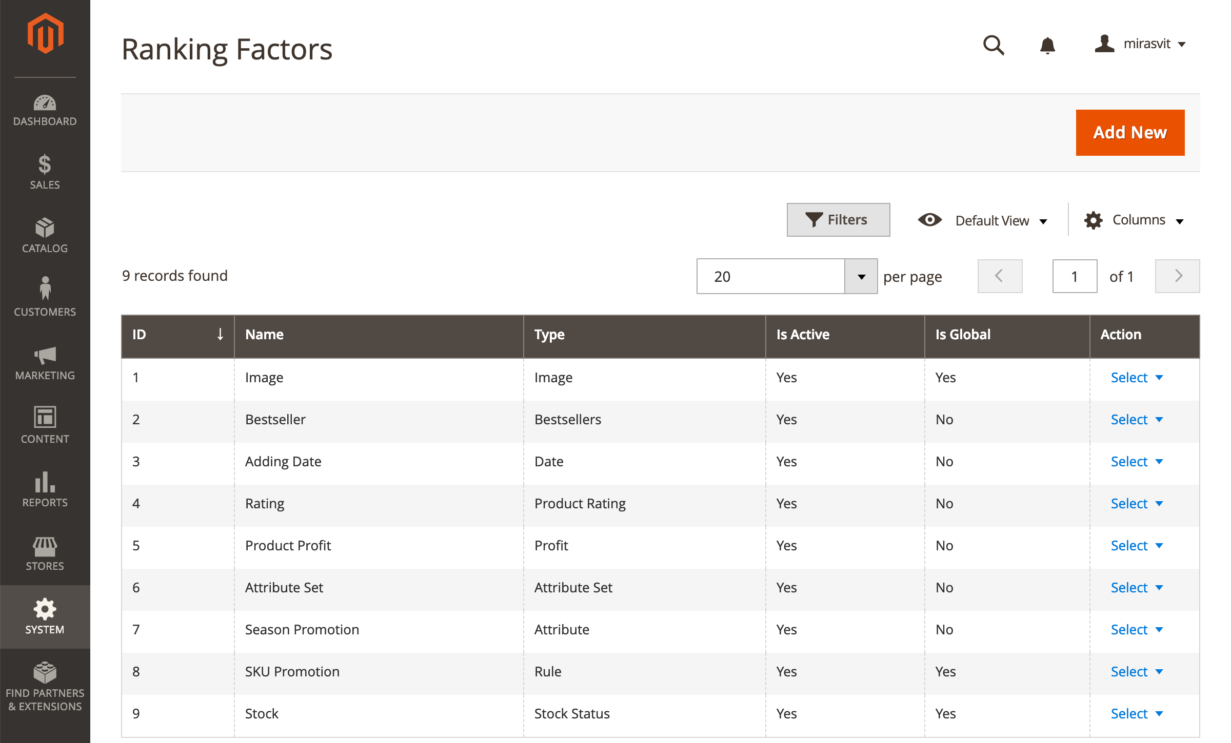 Ranking factors list in the admin panel of Mirasvit Magento 2 Improved Sorting.