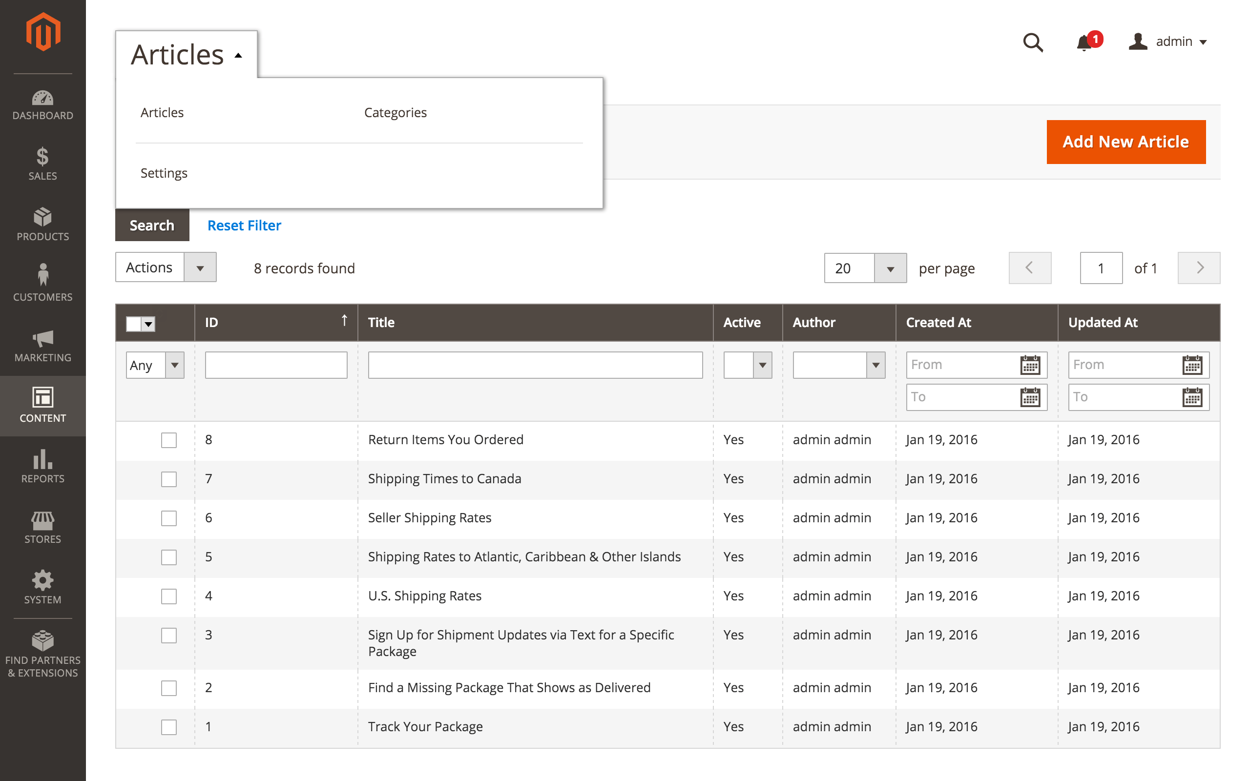 Article grid in the admin
