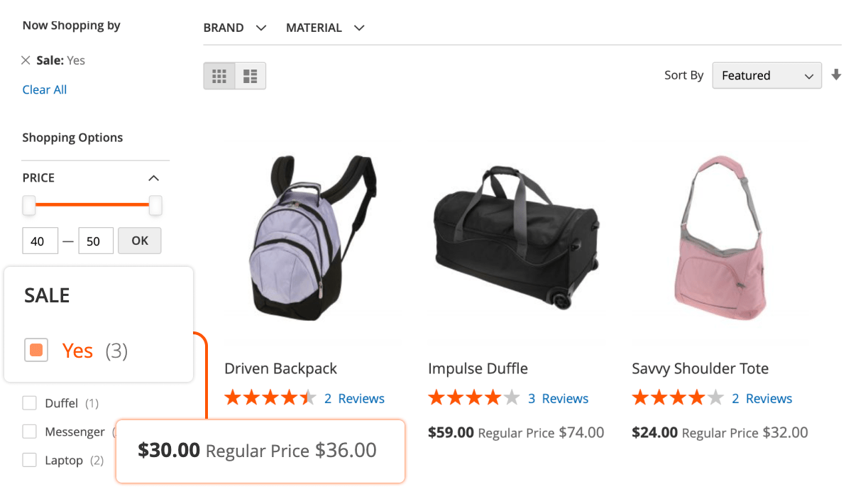 Sale filter in Mirasvit Magento 2 Layered Navigation extension.