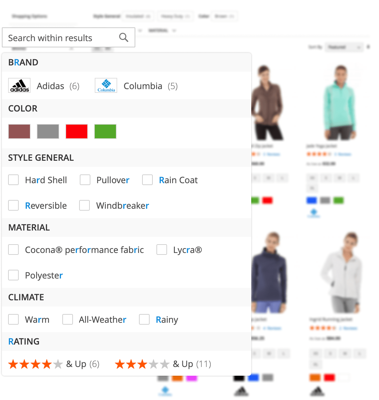 Search box inside the filter panel