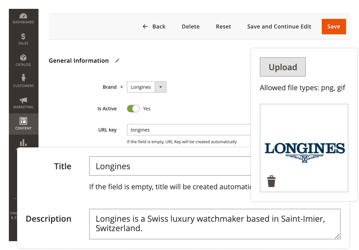 Brand page settings in the admin